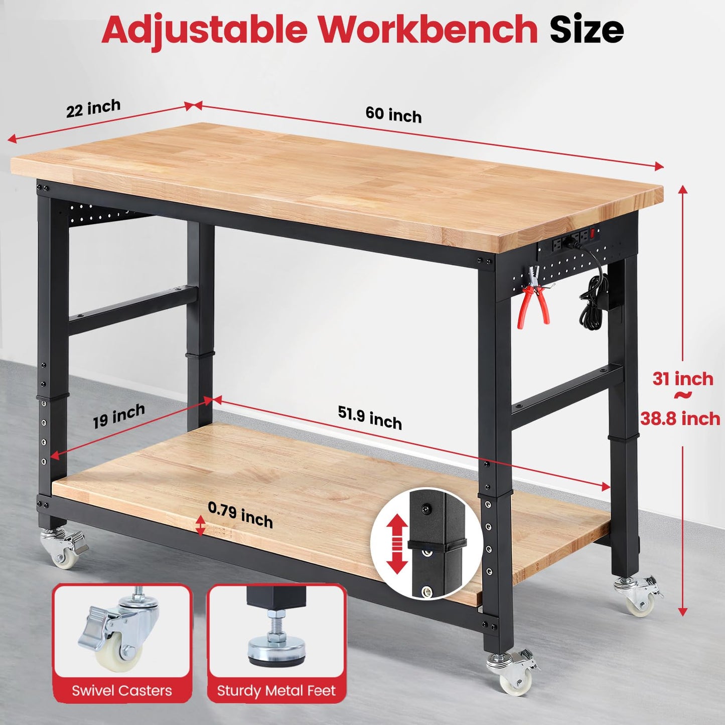 ENJOYWOOD Workbench for Garage with Wheels 60 x 22 Inch Heavy Duty Rubberwood Tabletop Work Table with Under Table Shelf, Pegboard, Power Outlets for Woodworking Shop Home Office