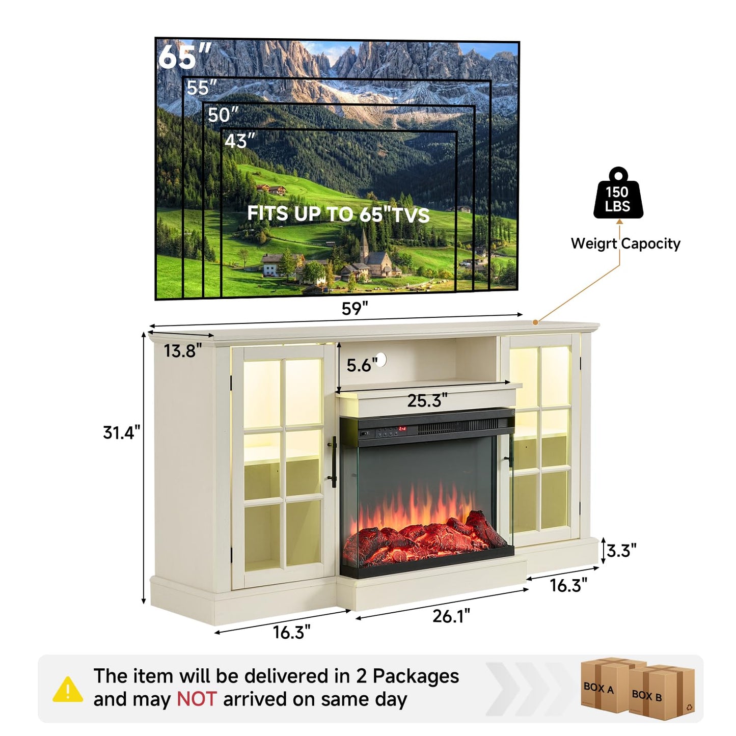 ROCKPOINT 3 Sided Glass 59" Fireplace TV Stand for TVs up to 65inch, Media Entertainment Center with Storage Cabinet,24" Electric Fireplace with LED Light and Flame Colors, White