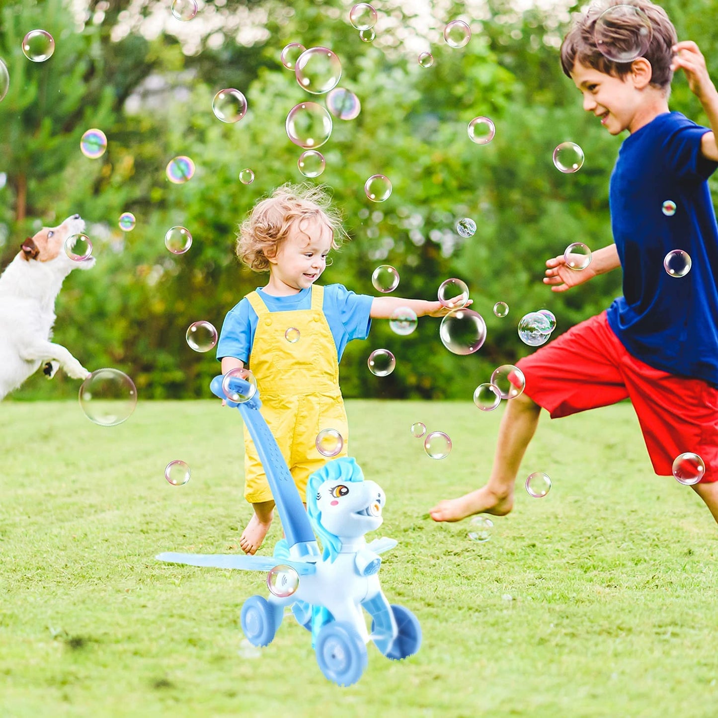 Bubble Machine Blower Blaster Lawn Mower Maker Blue Toy Fun Portable Handheld Operate Automatic Battery Electric Outdoor Summer Birthday Best Gift Light for Toddler Boy Girl Kid 1 2 3+ Year Old