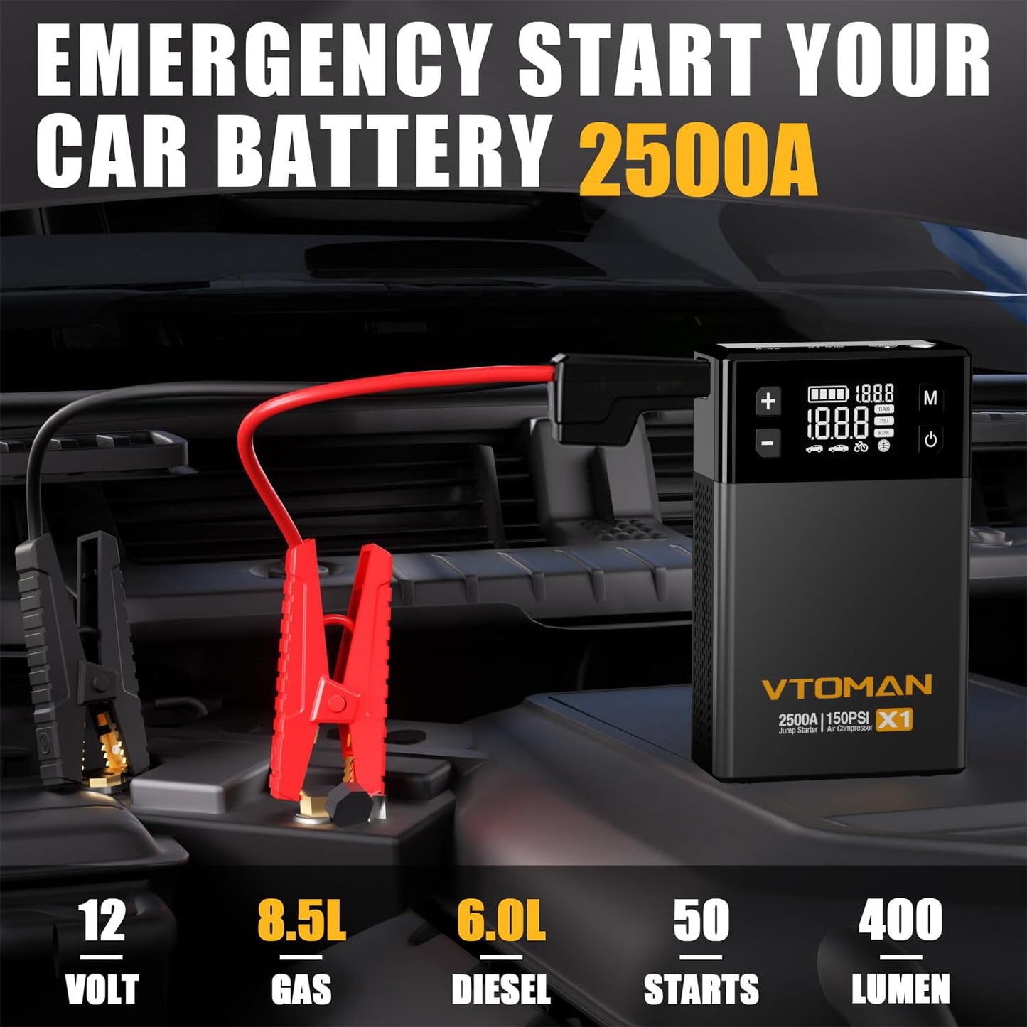 VTOMAN X1 Jump Starter with Air Compressor + VTOMAN X3 Jump Starter with Air Compressor, 3500A Portable Car Battery Jumper Starter (9L Gas/8L Diesel Engines) with 160PSI Auto-Shutoff Tire Inflator