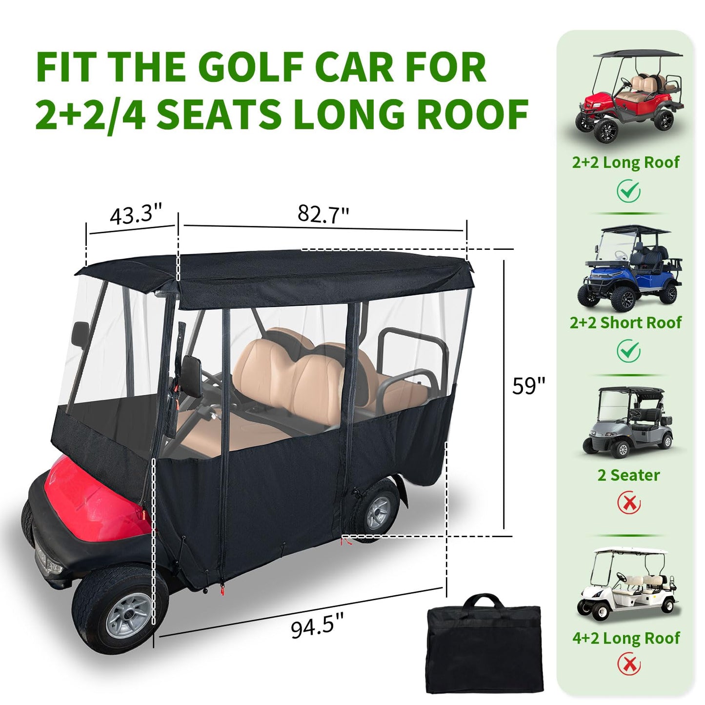 Tecoom Golf Cart Enclosure 2+2/4 Passenger, Golf Rain Cover 600D Waterproof Snowproof, 4 Door Zippers, 4-Side Clear Windows and 8 Windproof Hooks, Fit for EZGO, Yamaha, Club Car, Roof 82.7''L
