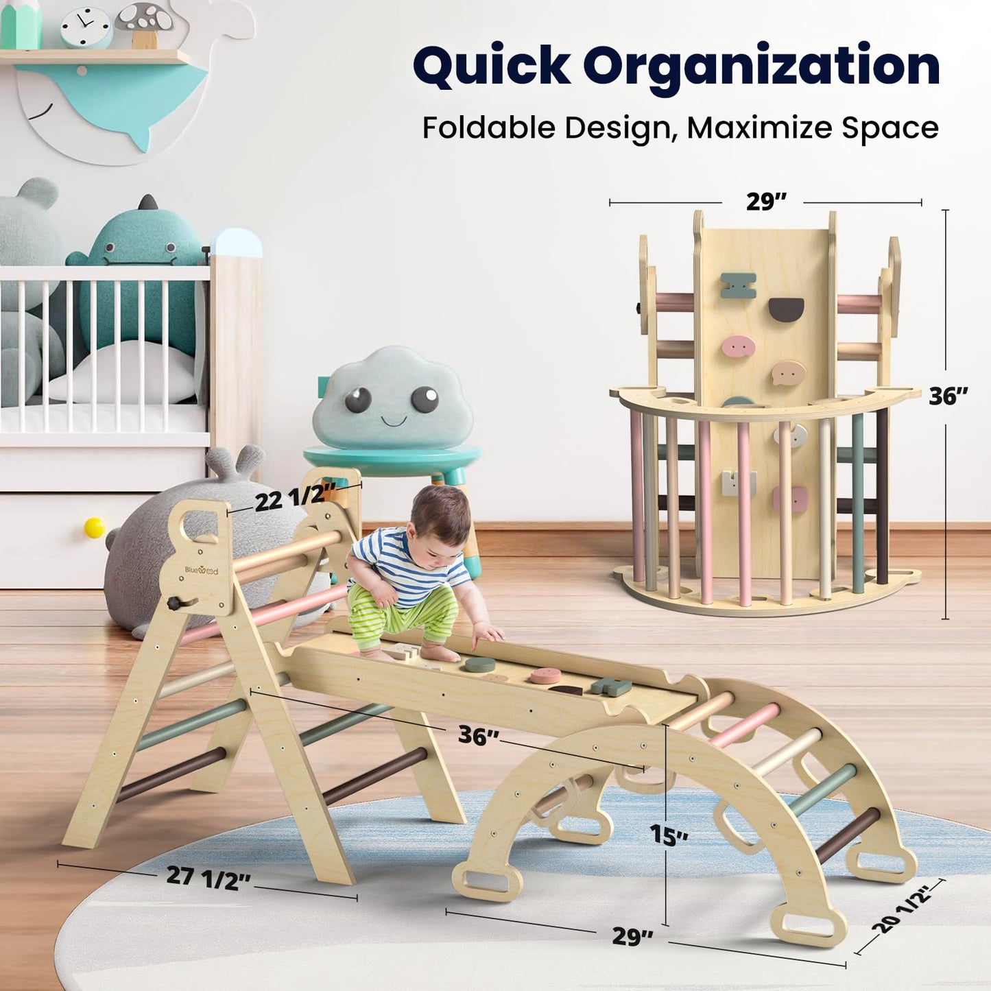 BlueWood Pikler Triangle Set, 7-in-1 Foldable Wooden Toddler Climbing Toys Indoor Playground Jungle Gym Montessori Philosophy Climber for 2-6 Years Old, Baby, Kids (Mauve Pink)