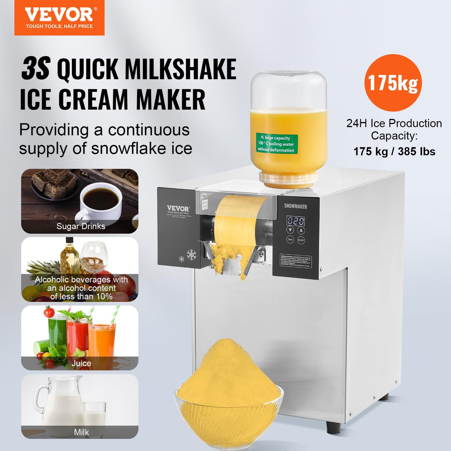 VEVOR Commercial Snowflake Ice Machine, 385LBS/24H Snowflake Ice Maker, Stainless Steel Ice Shaver Machine, Electric Snow Cone Maker, Liquid Cooling System for Rapid Heat Dissipation, Ice Cream