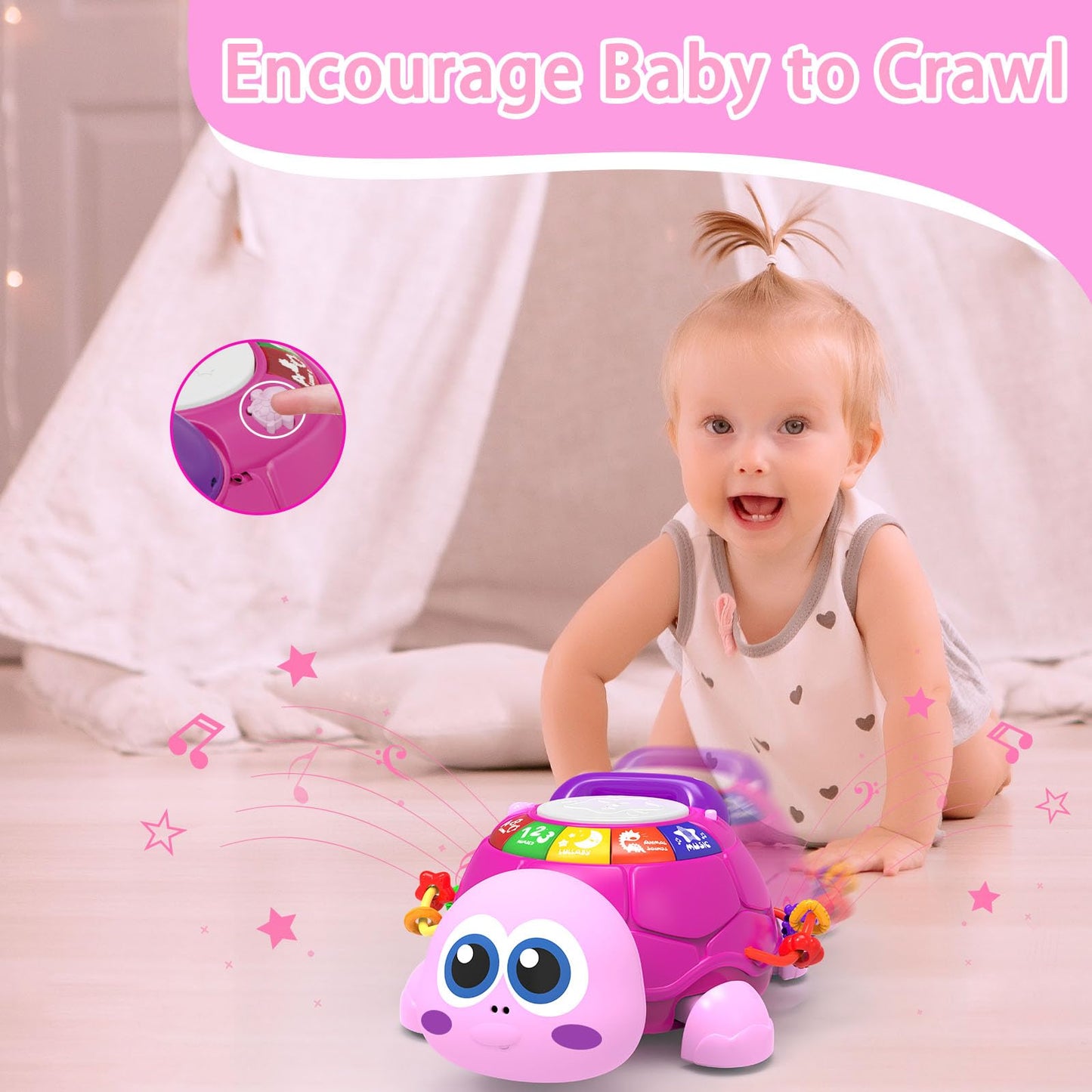 Ussybaby Musical Turtle Baby Toys 6 to 12 Month,Infant Light-up Musical Tummy Time Toy with Phone,Baby Crawling Toys for 7 8 9 12 Months Old,Easter Birthday Girl Gift for 3 4 5 Month+(Pink)