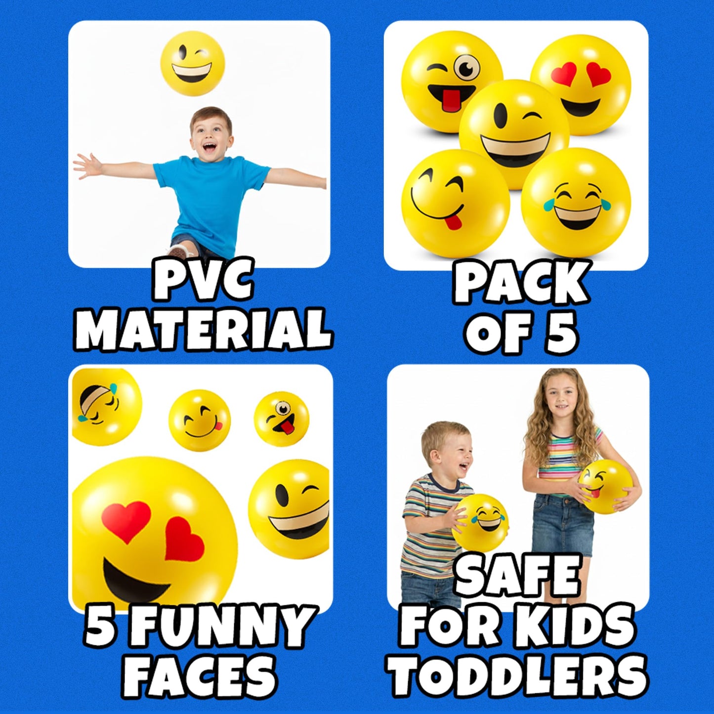 KiddieLoot 8.5-Inch Happy Face Bouncing Balls for Kids & Toddlers (Pack of 5) - Playground Balls w/ 5 Fun Designs - Lightweight Play Bouncy Ball for Boys & Girls
