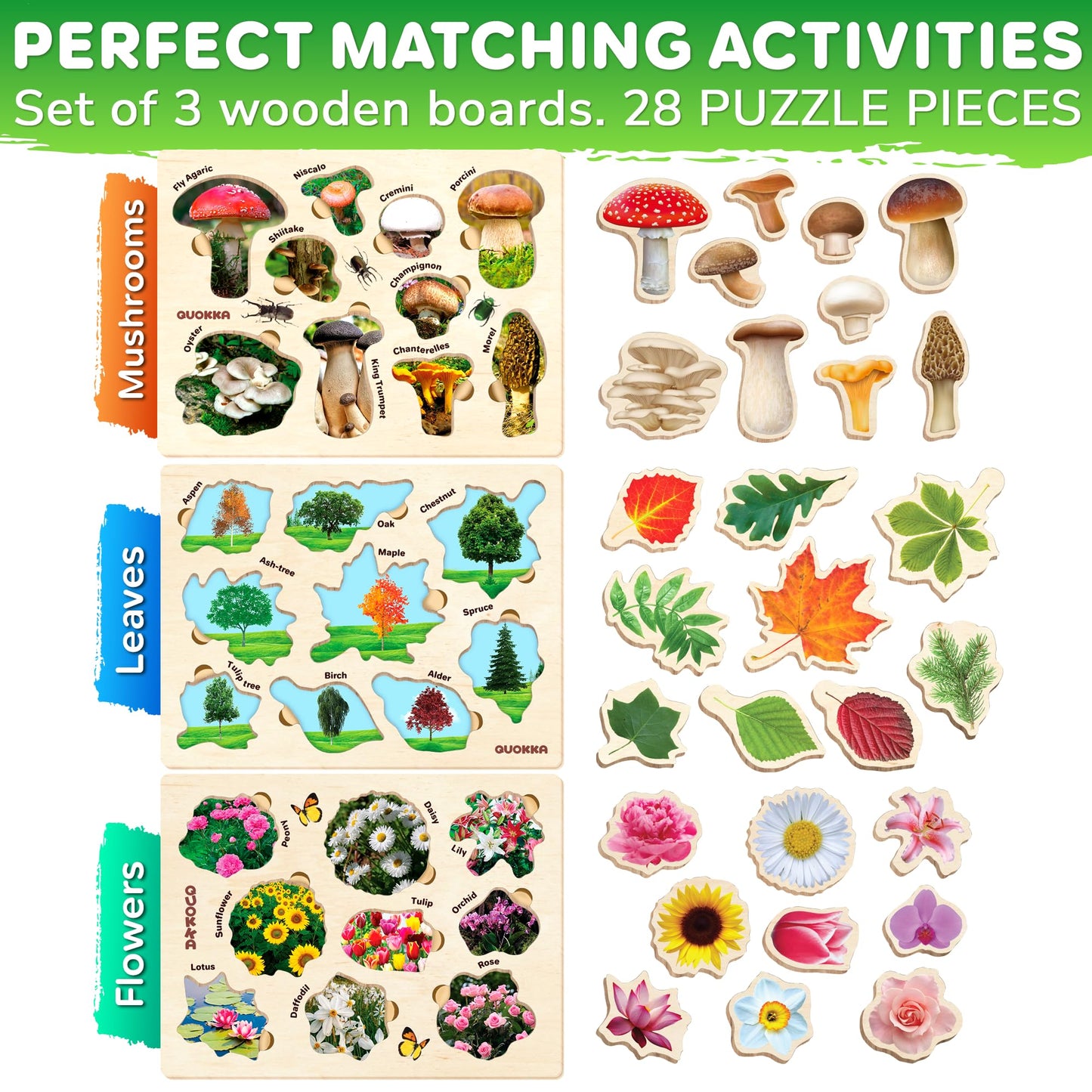 QUOKKA Wooden Puzzles for Toddlers 2-4 – 3X Set Montessori Toys Puzzles for Kids Ages 3-5 – Wood Educational Baby Game 12-18 Months – Gift Learning Mushrooms Flowers Leaves for Boy & Girl 3-5