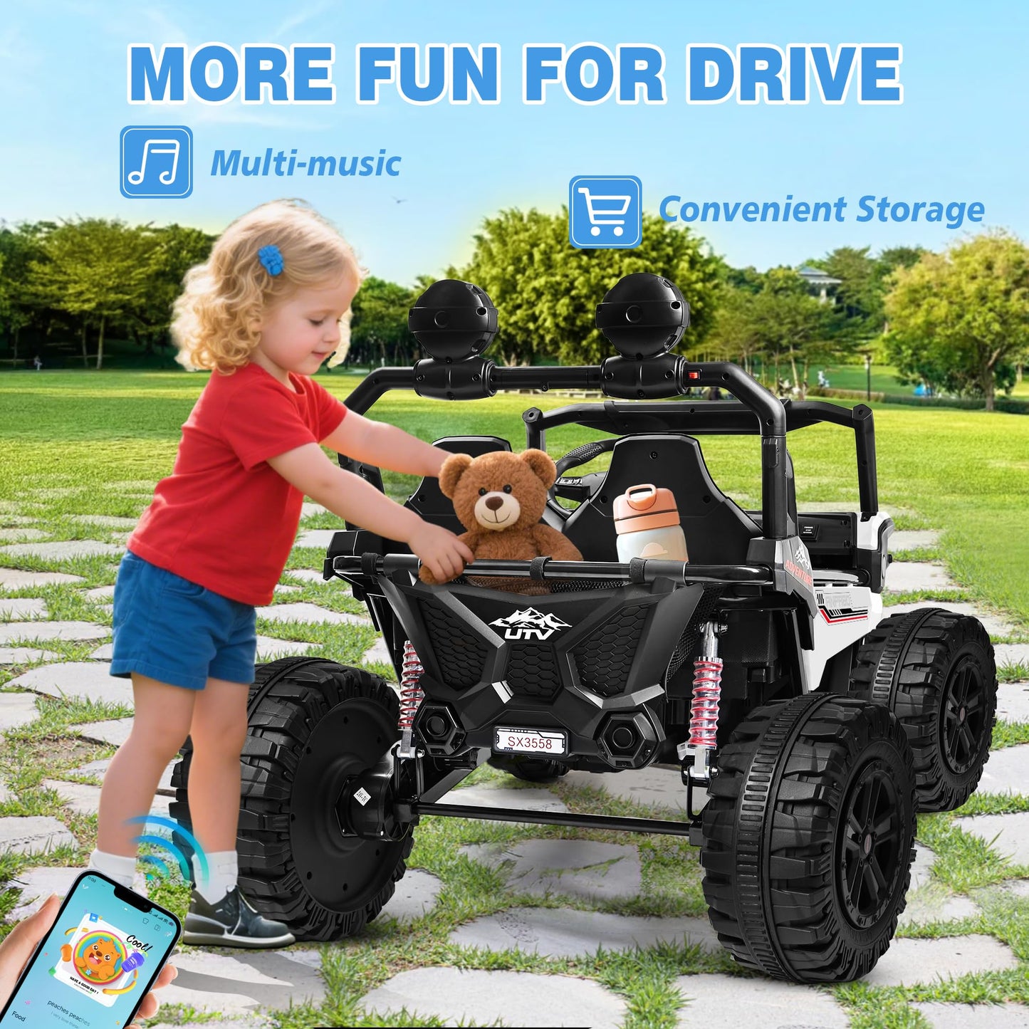 ANPABO 24V Ride On Toys for Big Kids, 2 Seater Ride on Car, 4x200W Kids Electric Car w/Remote, Rainbow Lights, Max 5.1Mph, Shock-Absorbing Springs, Storage, Bluetooth, Gifts for Aged 3-12, White