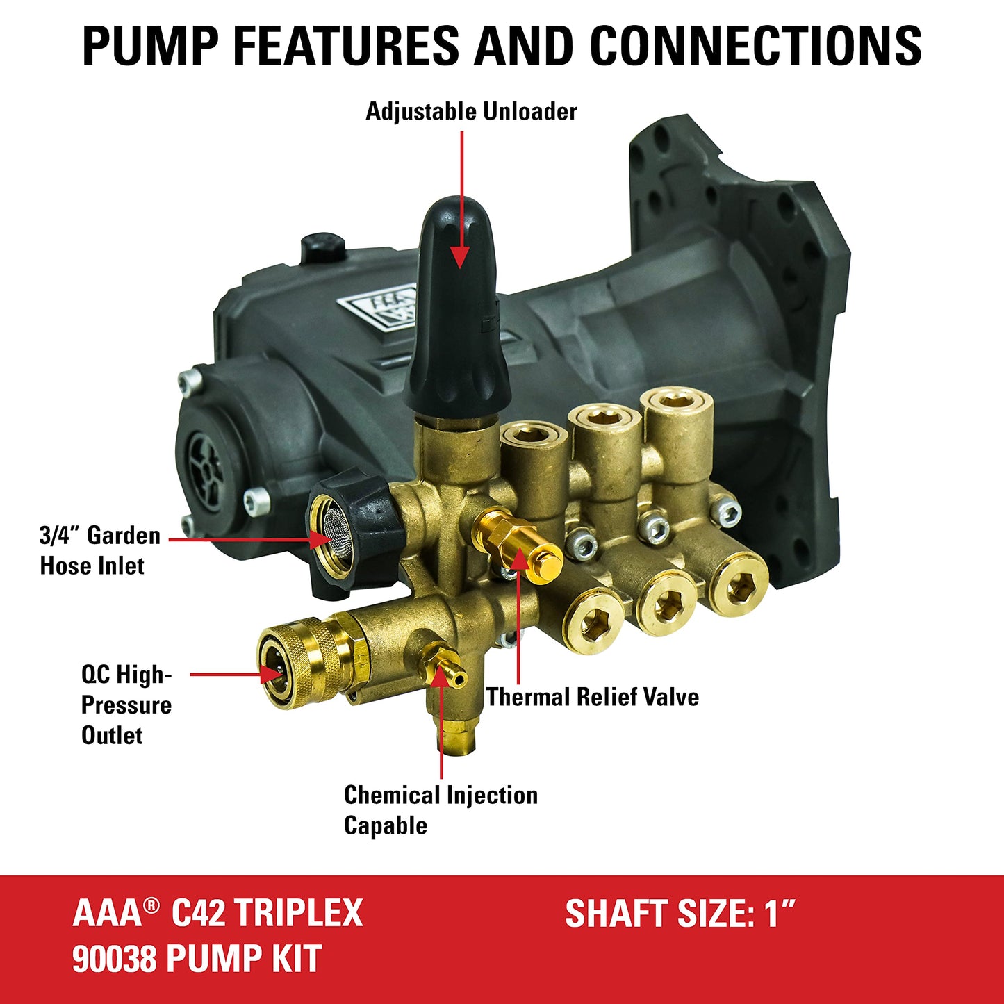 AAA Pumps 90038 Horizontal Triplex Plunger Replacement Pressure Washer Pump Kit, 3800 PSI, 3.5 GPM, 1" Shaft, Includes Hardware and Siphon Tube, for Industrial Gas Powered Machines, Black