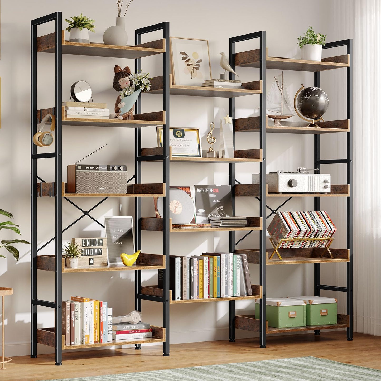 Rolanstar Bookshelf 5 Tiers, Triple Bookcase with Open Display Shelves, Industrial Wide Bookshelf with Metal Frame for Living Room, Office, Rustic Brown