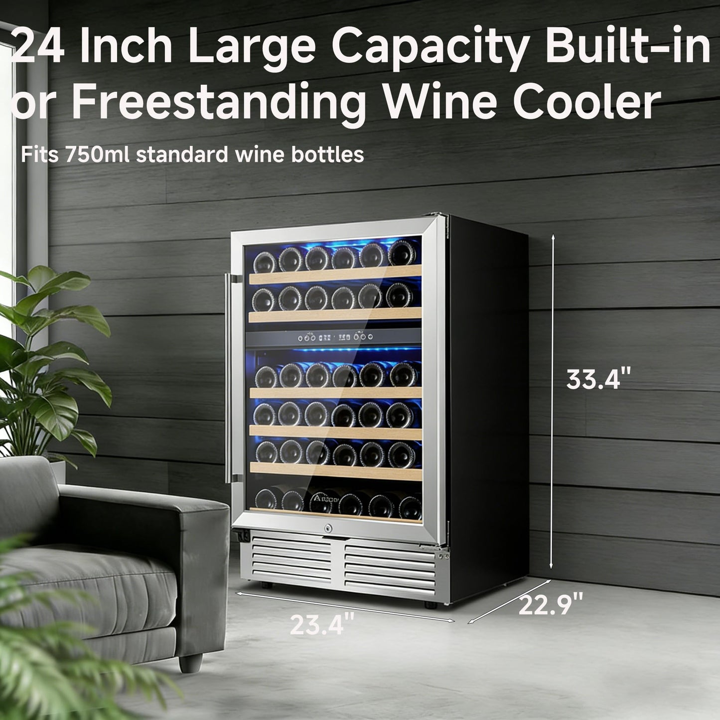 AAOBOSI 46 Bottles Wine Fridge, 24 Inch Wine Cooler with Dual Zone, Freestanding and Built-in Wine Refrigerator with Blue LED Light and Adjustable Shelves