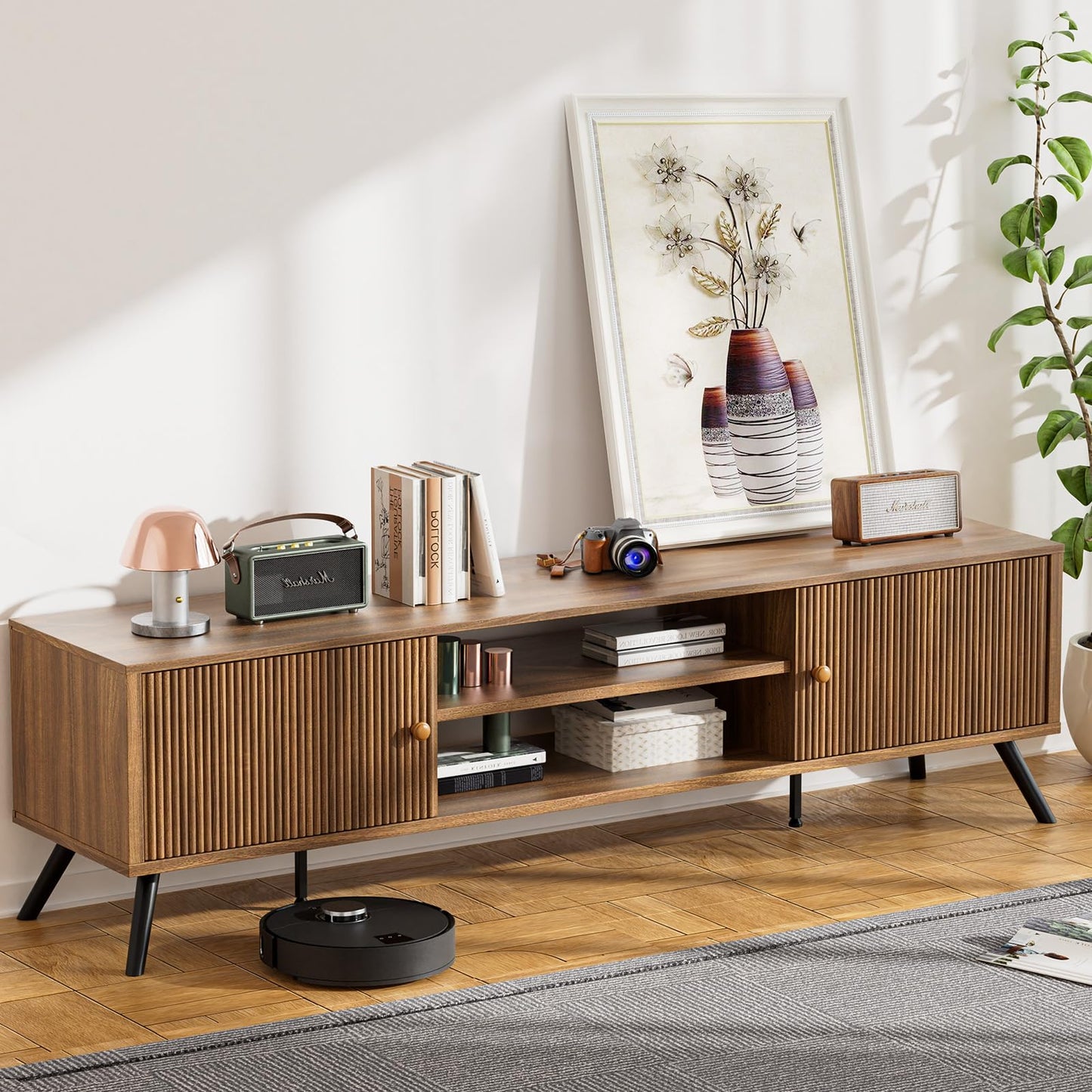 COMHOMA TV Stand for Living Room, Mid Century Modern Entertainment Center for 65/70/75 Inch TVs, Retro Brown TV Console with Fluted Door Cabinets and Open Adjustable Shelve Storage for Bedroom (70In)