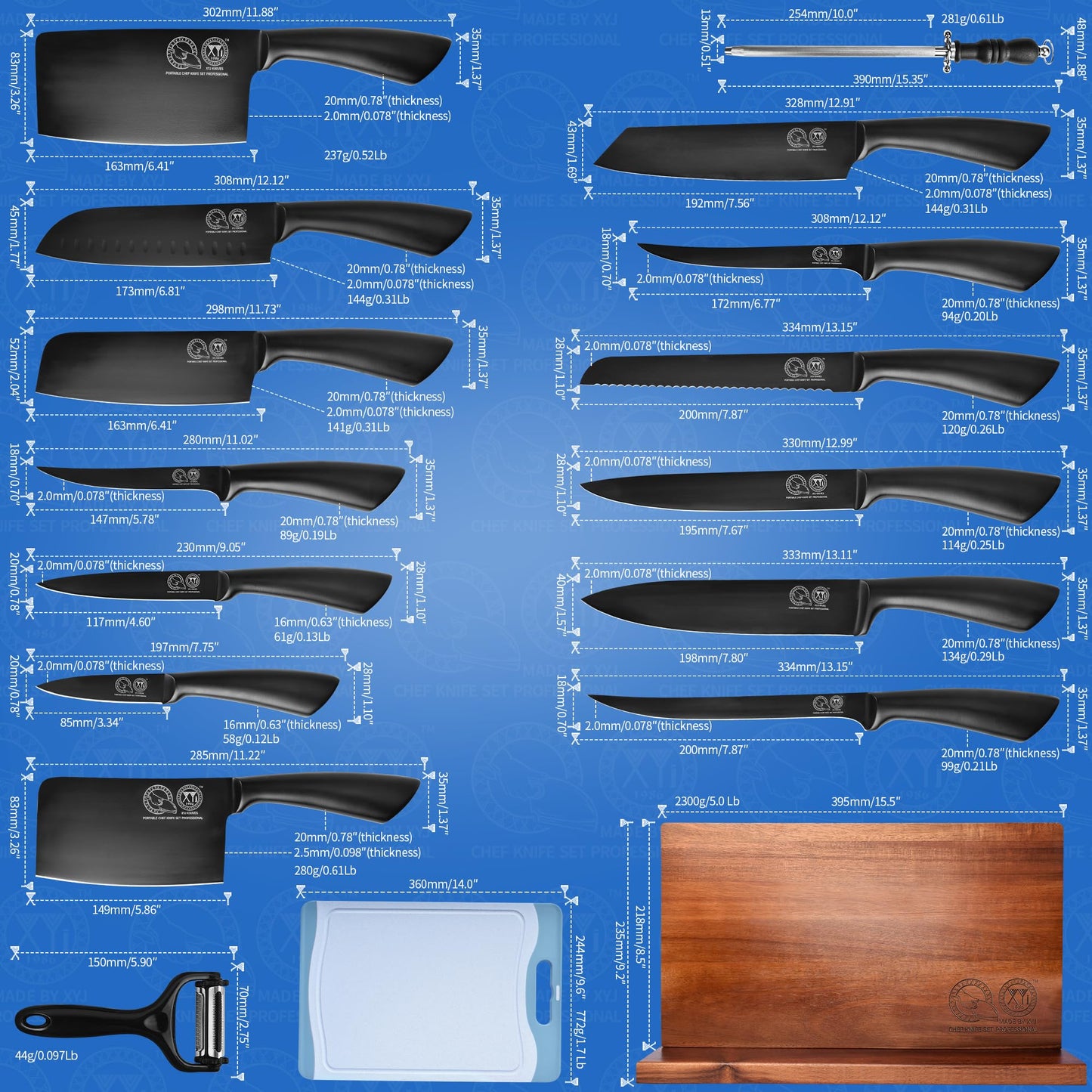 XYJ Professional Knife Sets for Master Chefs,Meat Cleaver Butcher for Camping,Chef Knife Set with Magnetic Knife Block,Bag,Stainless Steel Kitchen Knives Tools Kit