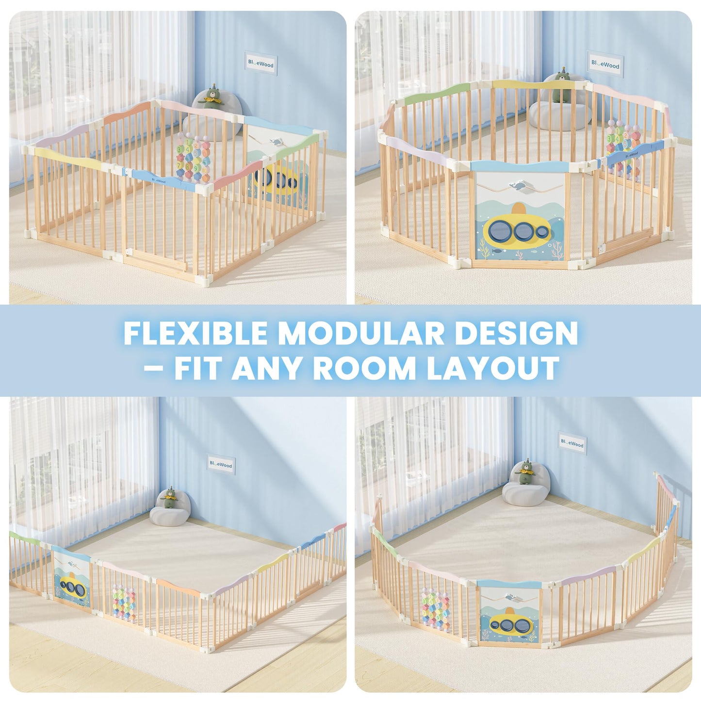 Foldable Wooden Playpen - Adjustable Wood Baby Play Yard with Child-Proof Lock, Indoor Large Safety Fence for Babies and Toddlers - Easy Assembly, 55 x 55 x 24 inches, Ocean Adventure, Colorful
