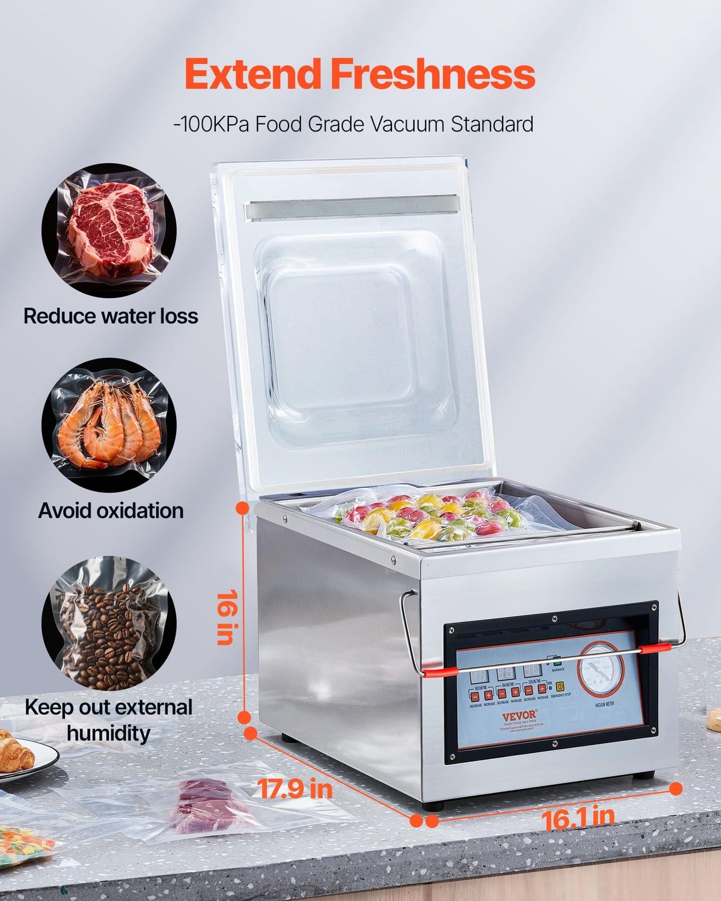 VEVOR Chamber Vacuum Sealer, 320W Sealing Power, Vacuum Packing Machine for Wet Foods, Meats, Marinades and More, Compact Size with 12.6 in Sealing Length, Applied in Home Kitchen and Commercial Use