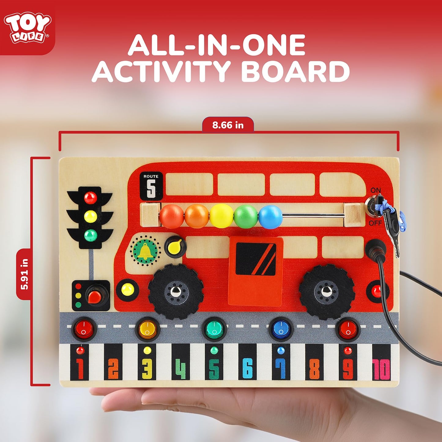 TOY Life Toddler Montessori Busy Board, Wooden Bus Sensory Board Toys with LED Light Up Switchs, Baby Busy Fidget Boards Travel Toys, Easter Birthday Gifts for 1+ Year Old Kids Girls Boys