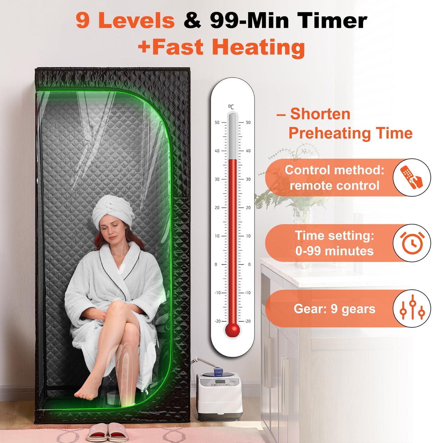 UNANEST Portable Full-Body Steam Sauna Tent for Home – Large Indoor Personal Sauna with 9 Heat Levels, 3L Steamer, Remote, Foldable Chair and Transparent Window (Quadrilateral, Black)