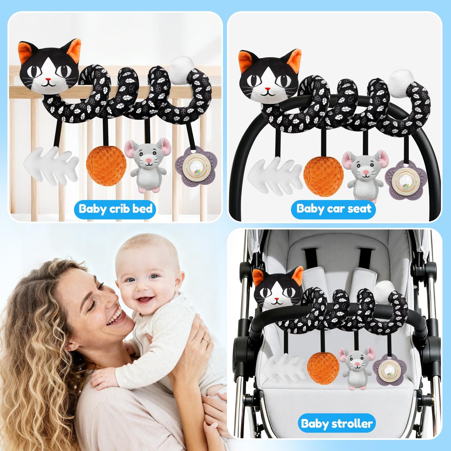 Car Seat Toys for Babies 0-6 Months,Hanging Rattle Toys for Crib Mobile, Baby Spiral Hanging Stroller Black and White High Contrast Toys for Newborn 0 3 6 9 12 Months Baby Boys Girls (Cat)