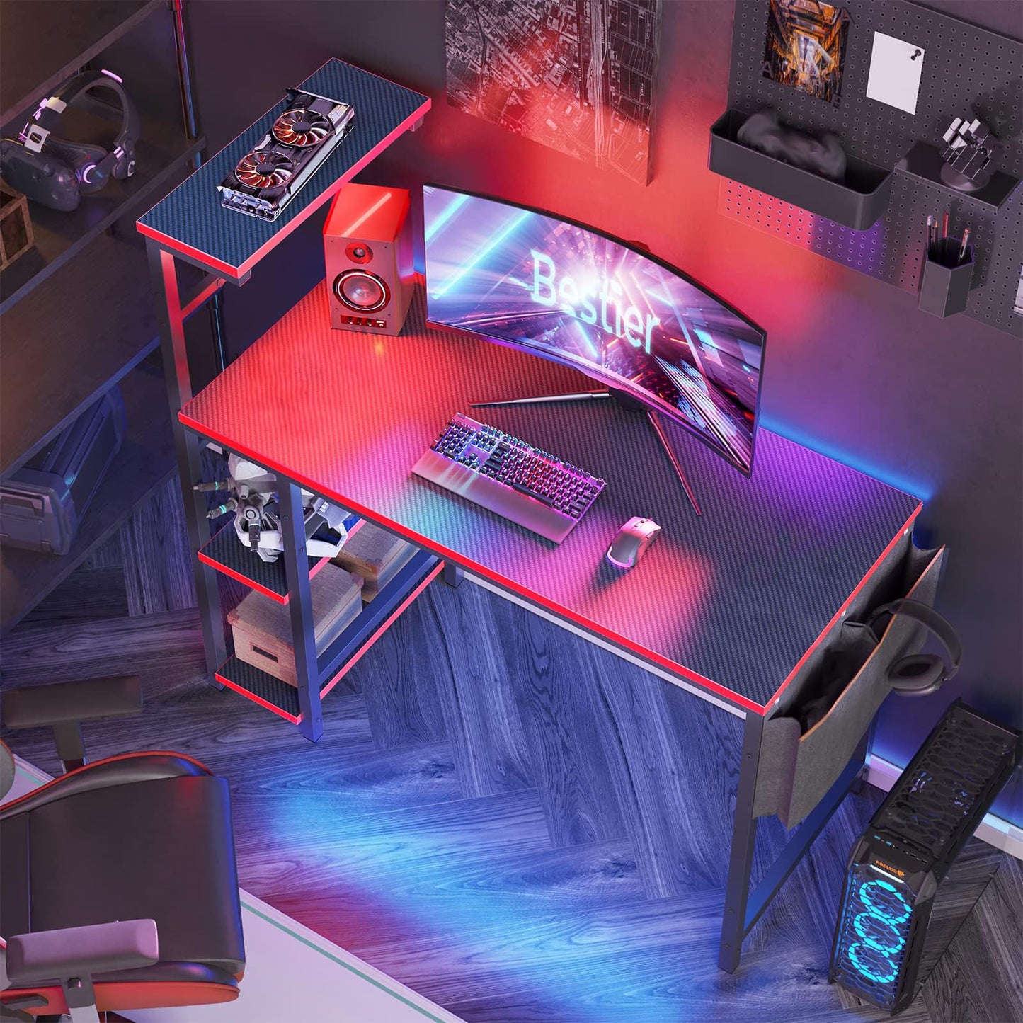 Bestier Gaming Desk with LED Lights, 44 Inch PC Gamer Desk for Small Spaces, Computer Desk with Reversible Storage Shelves & Side Storage Bag (Black 3D Carbon Fiber)