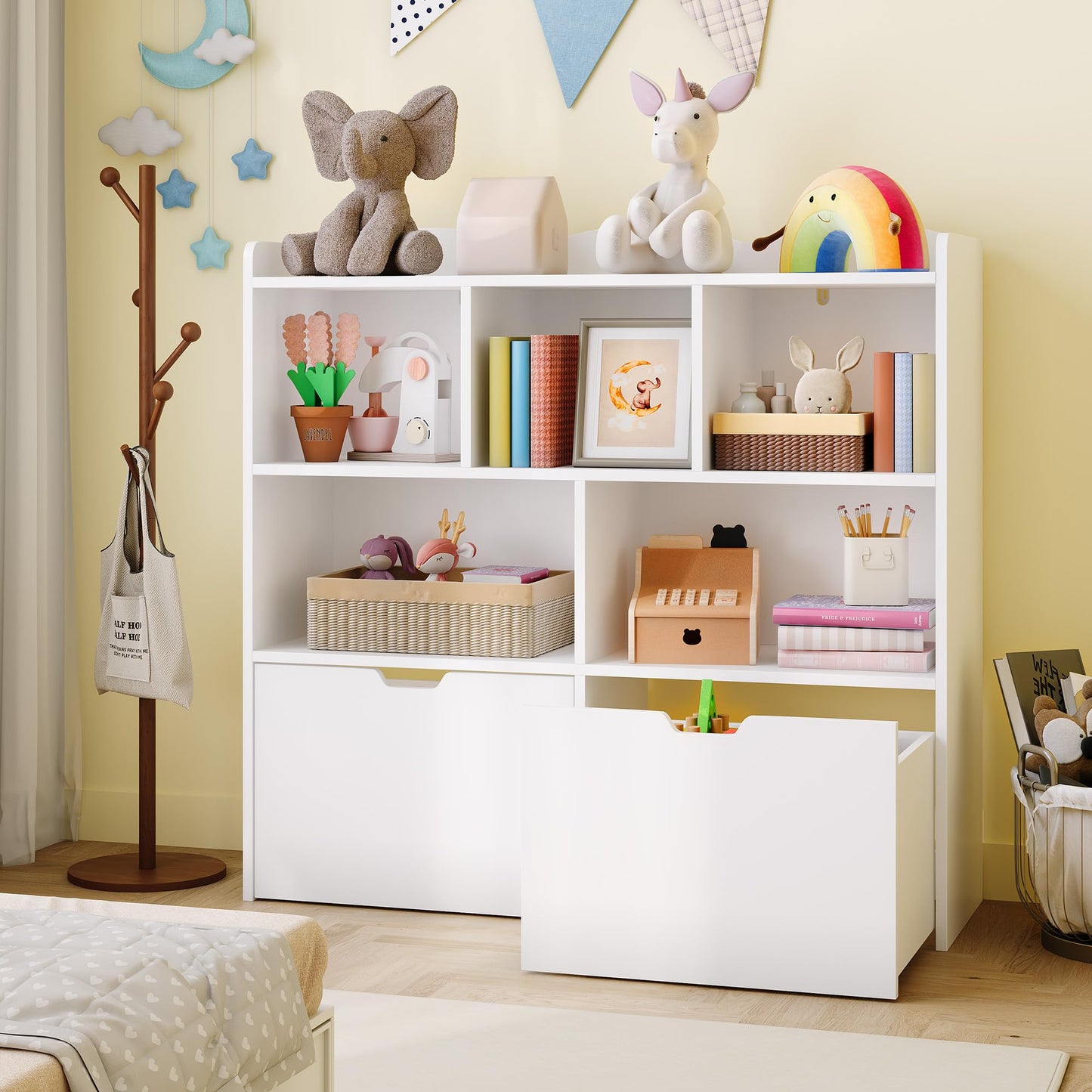 Garvee Toy Storage Organizer with Movable Drawers, Kids Bookshelf with Hidden Wheels & Open Cubbies, Multifunctional Floor Storage Chest for Playroom, White