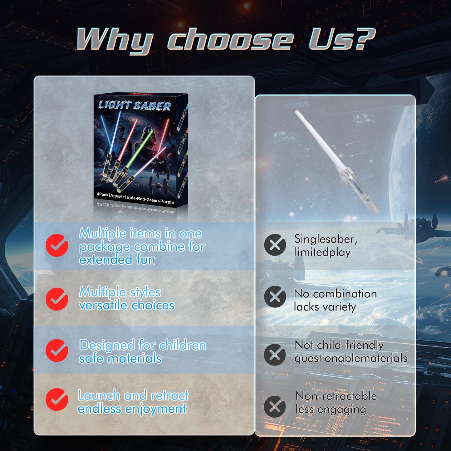 FlashyU 4 Pack Light Up Sabers for Kids Toddlers, Dueling Light Up Sword Toy for Boys, Space War Party Cosplay Xmas Birthday Gifts for Teen Men Age 4 5 6 7 8 9 10+