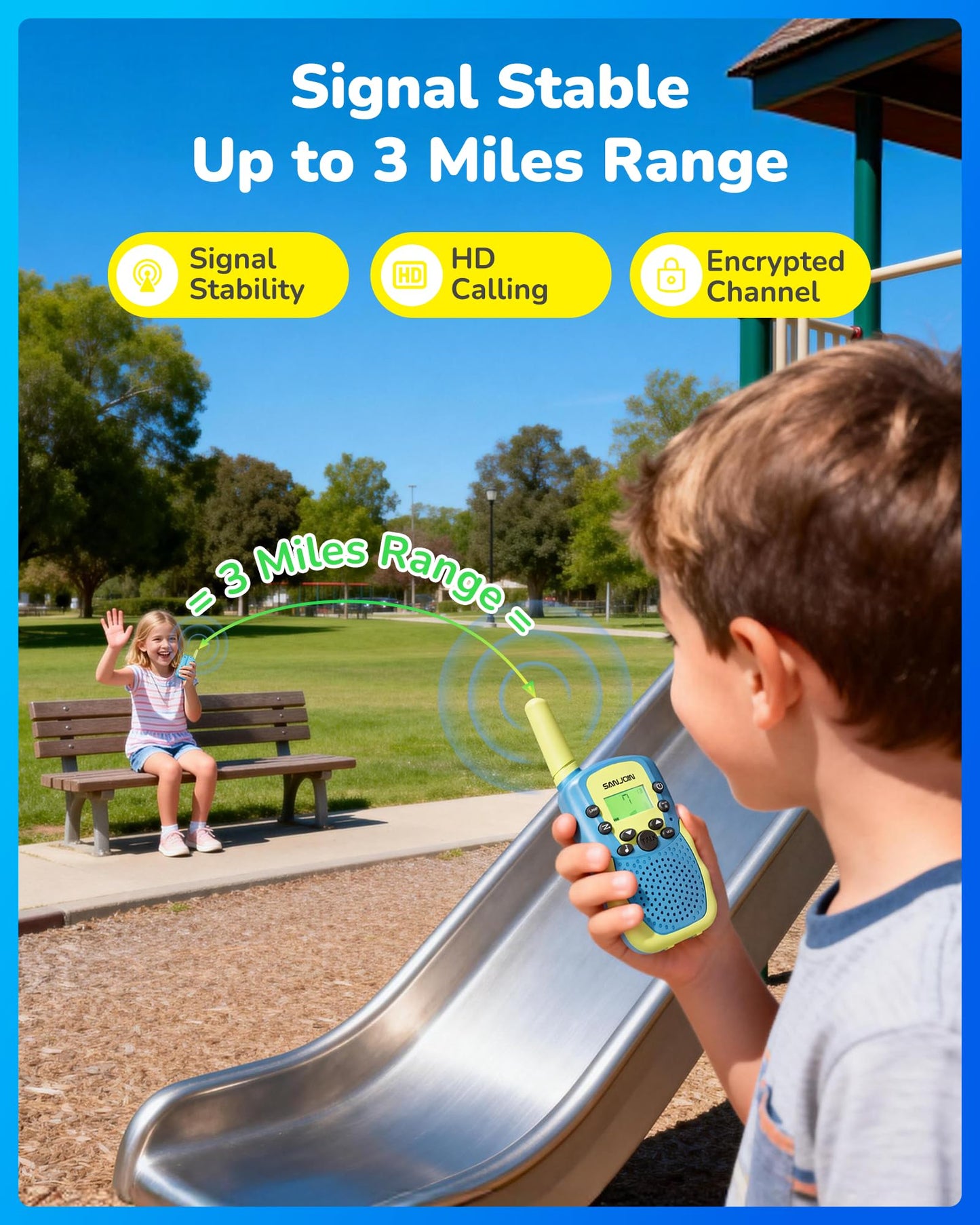 SANJOIN Rechargeable Walkie Talkies for Kids,Outdoor Toys for 3-12 Years Old Boys Girls for Outside, Hiking,Camping Games Walkie Talkie 2000 mAH Battery for 3-6 7-9 10-12 Years,2 Pack