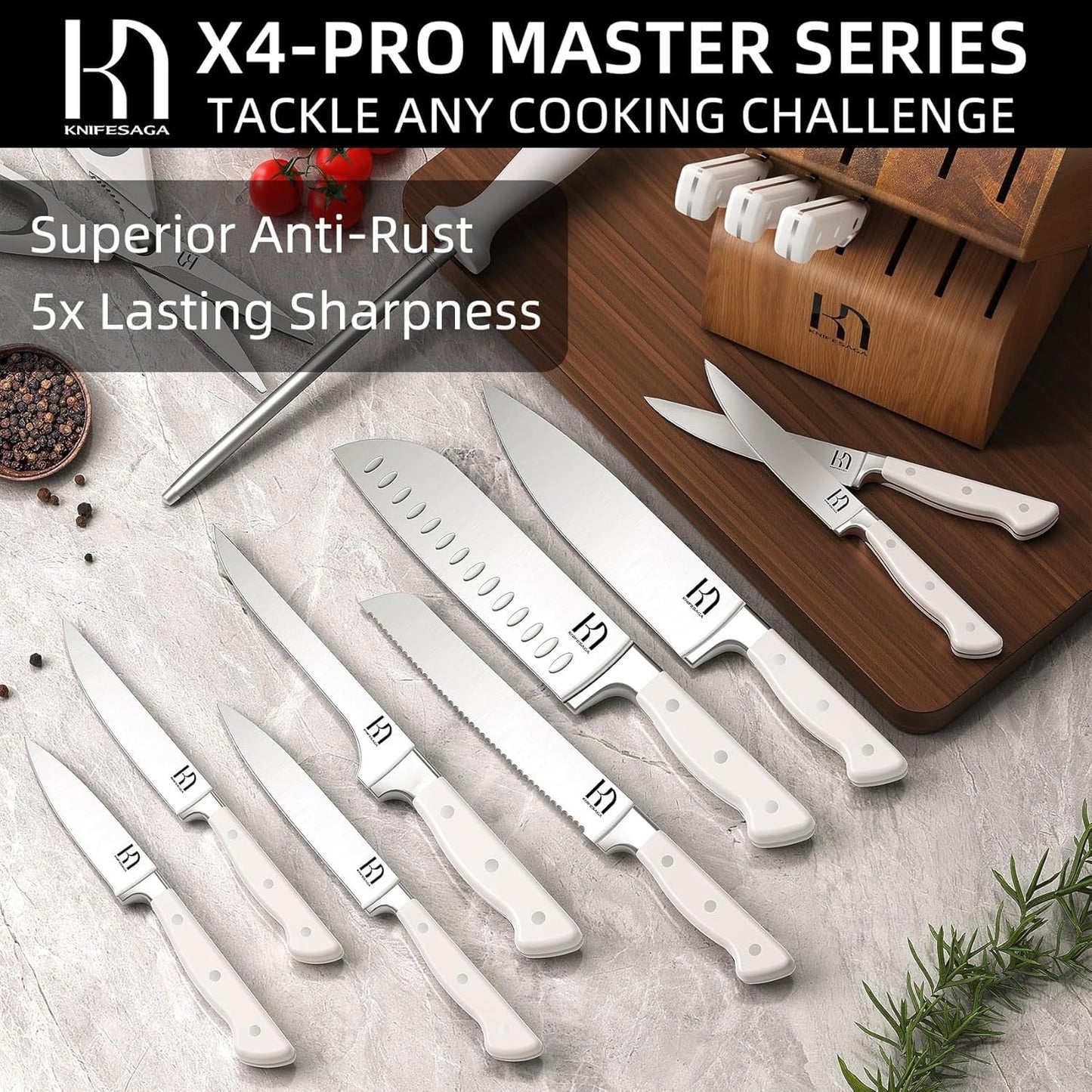 15 Pcs Kitchen Knife Block Set, Enduring Razor-Sharp High Carbon Stainless Steel Chef Knife Set with Block and Sharpener, Premium Knife Set for Kitchen, White Acacia