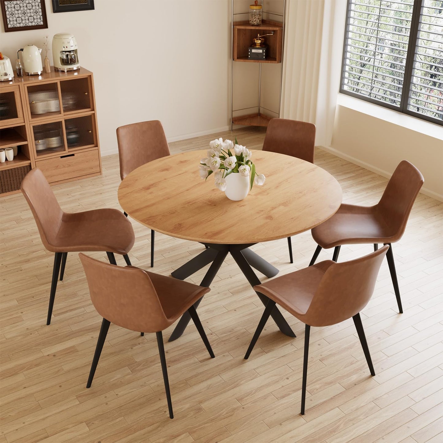 HIPIHOM 43.2"-59.1" Extendable Round Dining Table Set, Mid Century Wooden Round Kitchen Table, Oak Coffee Table for 4-6 Person,PU Leather Chair