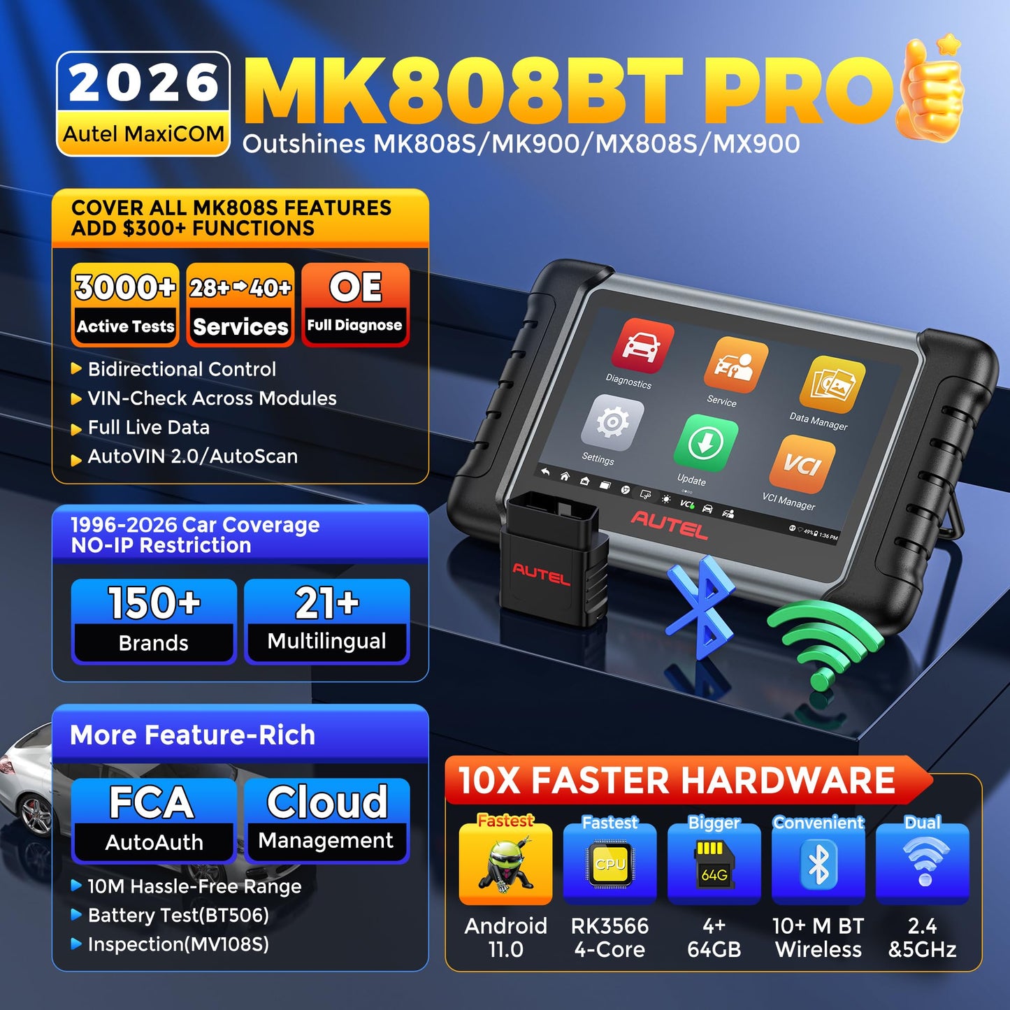 Autel Scanner MaxiCOM MK808BT PRO, 2026 Bidirectional Tool as MK900BT, Up Ver. of MK900 MaxiCheck MX900 MK808S MX808S, 3000+ Test, 28+ Service, All System Diagnostic, Injector Coding, FCA Android 11
