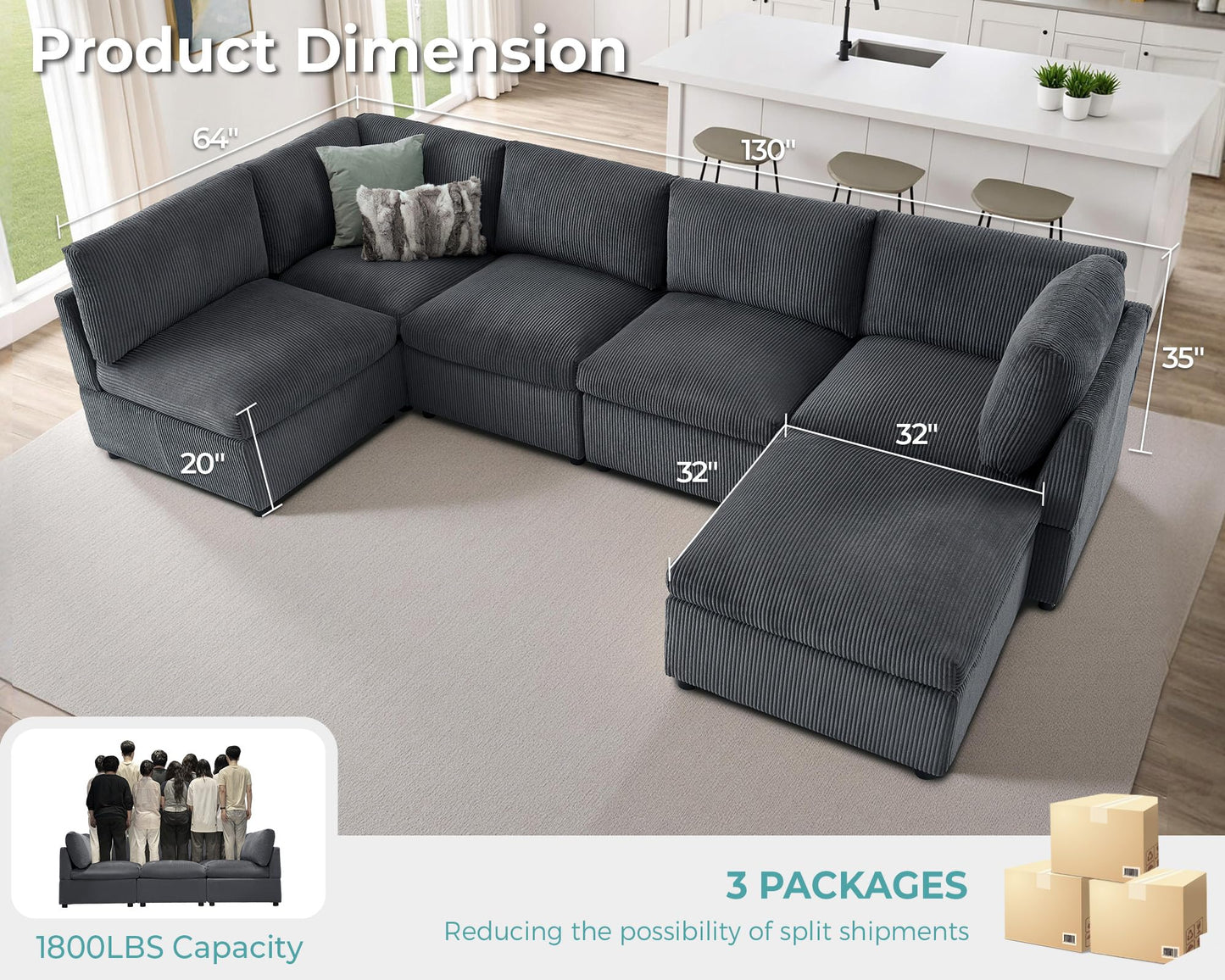 Jocisland Oversized Modular Sectional Sofa with 32" Deep Seat, 6 Seater Sectional Couch, Modular Sofa for Living Rooms, Tool-Free Assembly, Flexible Modular Couch Layout-Corduroy Gray