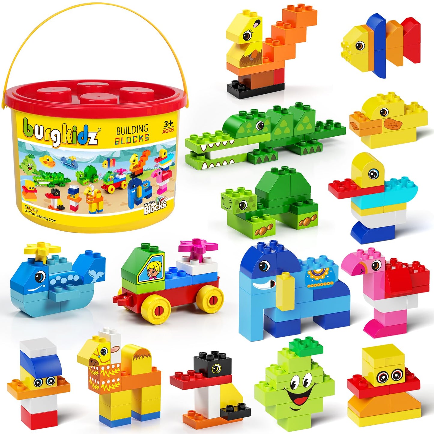 burgkidz Animal Building Toys for Toddlers 3-5, Jumbo 135Pcs Building Blocks, Creative Take Apart Puzzle with Storage Bucket, Compatible with Major Brands, Preschool Birthday Gift for Boys Girls