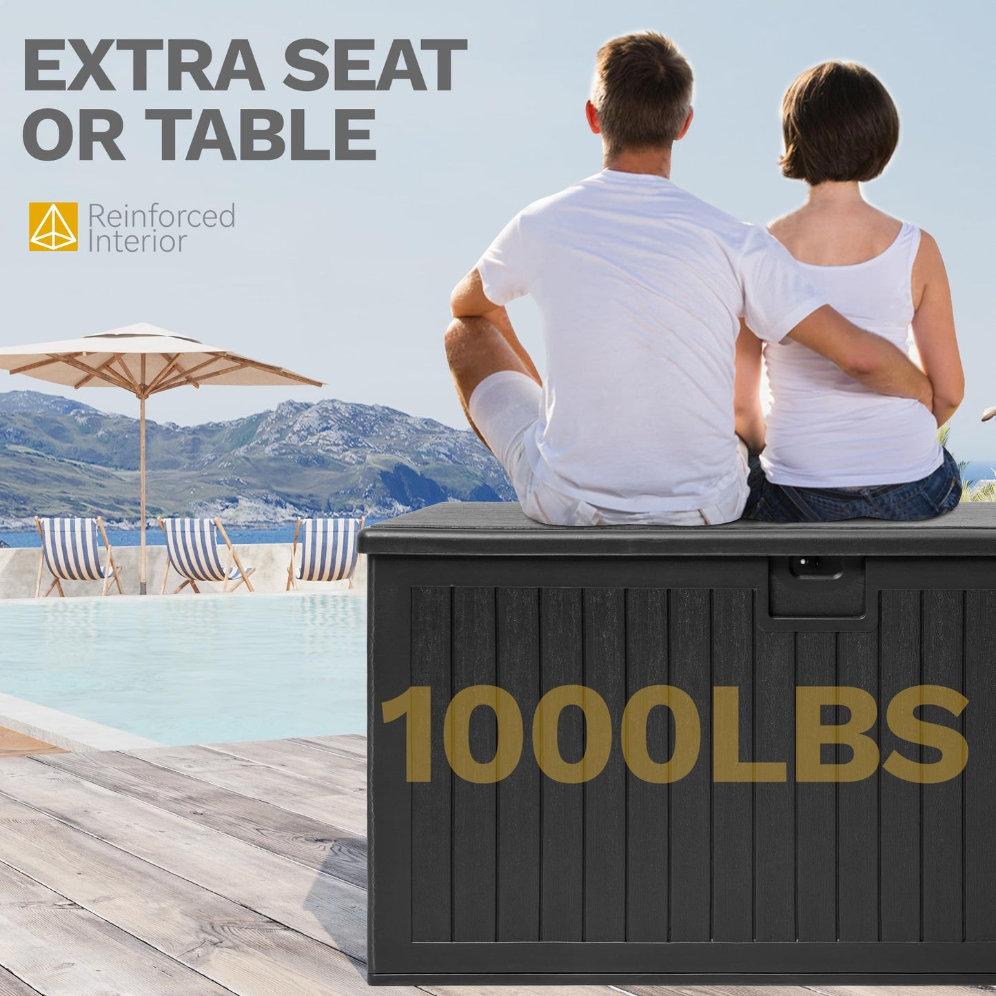 DWVO 230 Gallon Resin Outdoor Storage Box, XXL Double-Wall Waterproof Deck Box with Divider, Doubles as Table or Seating with 1000 lbs Capacity, Lockable (Black)