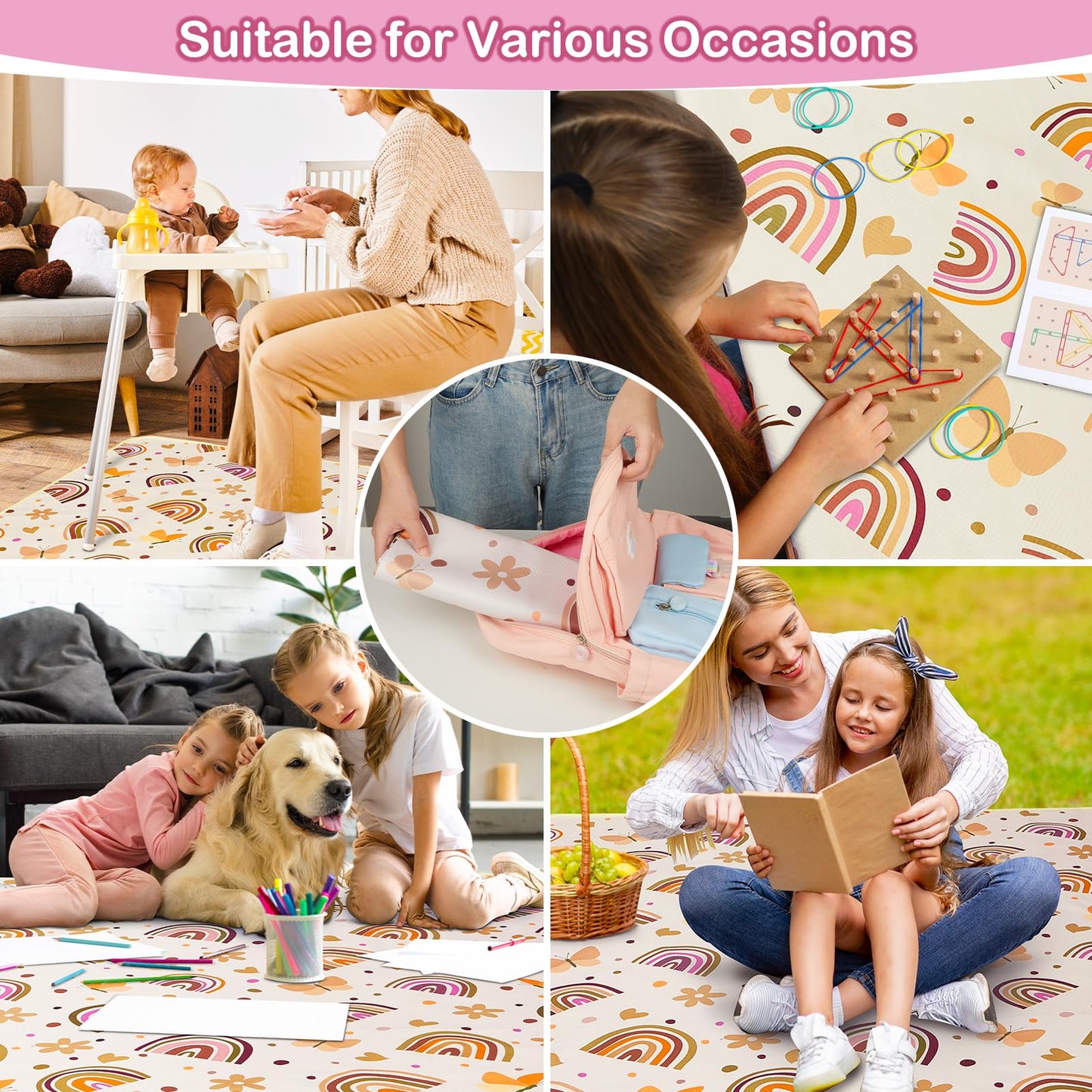Basumee Splat Mat High Chair Mat Waterproof Baby Play Splat Mat for Under High Chair Food Catcher Highchair Mat for Floor Non Slip Bottom, Brown Rainbow, 46x42 Inches