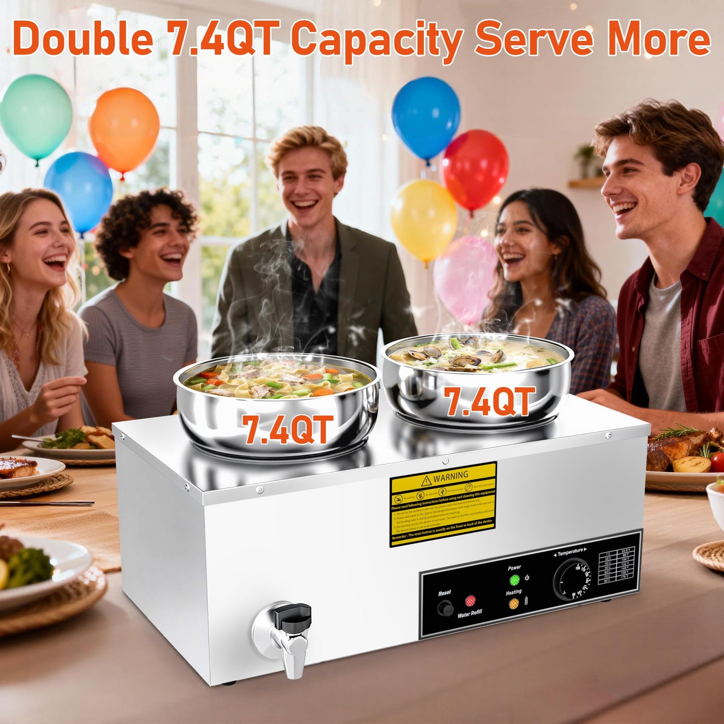 ZMRTDWO Soup Warmer, 2X7.4QT Stainless Steel Round Pot Food Warmer, 86°F~185°F Adjustable, 1200W Commercial Bain Marie with Drain Faucet, Buffet Warmer Steam Table for Restaurant Catering Parties