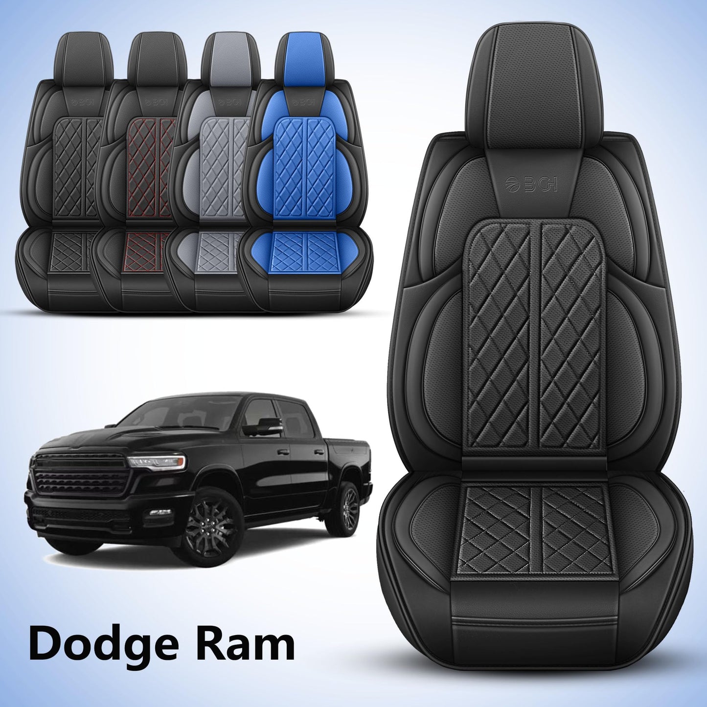 DuDuWang Car Seat Cover Custom Fit for Dodge Ram 1500 2500 3500 2002-2026 Faux Leather Seat Cover Set Compatible with Crew Quad Regular Cab Pickup Truck Cushions (Black, Front Seat)