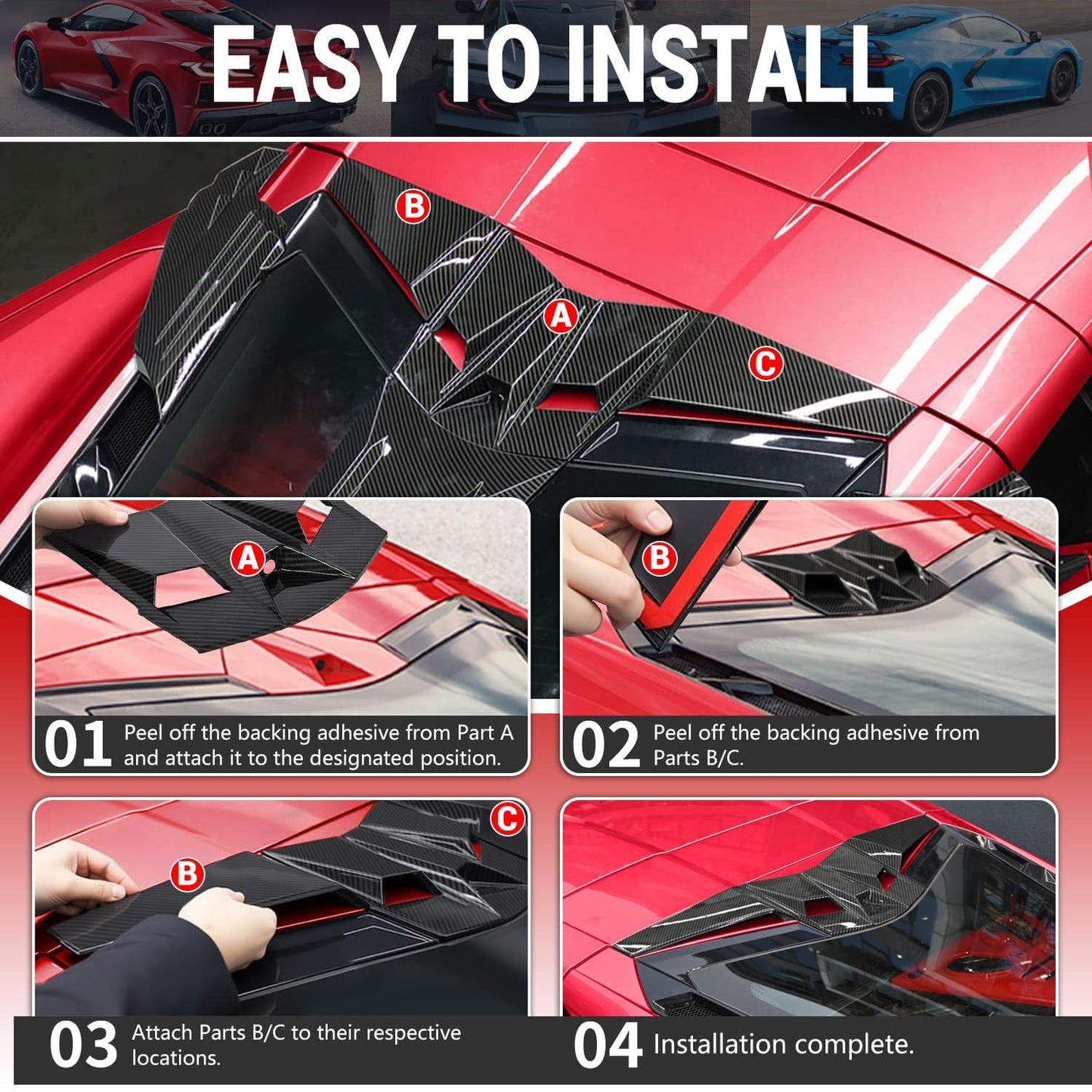 BILLFARO Rear Decklid Camera Vent Cover and Rear Roof Windshield Spoiler Strip Cover Trim, Carbon Fiber Pattern Widebody Roof Set for Corvette C8 Stingray Z51 2020+ for C8 Z06 2023+/E-Ray 2024+