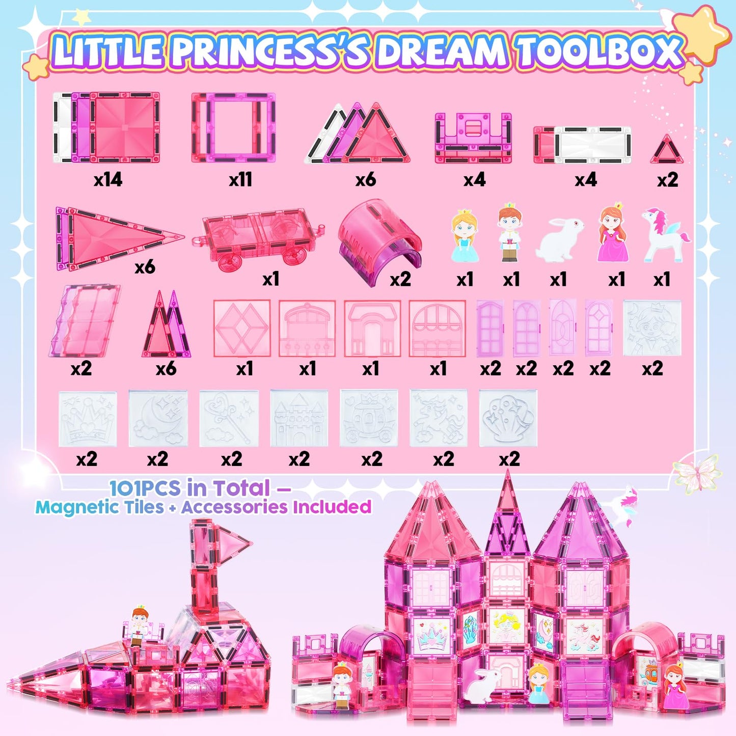 W WISE BLOCK 101PCS Magnetic Blocks Set Including Cars and Accessories, Princess Magnet Building Tiles Sets, Castle Magnet Blocks STEM Toys for Girls Kids Ages 3 4 5 6 7 8 9+ Year Old