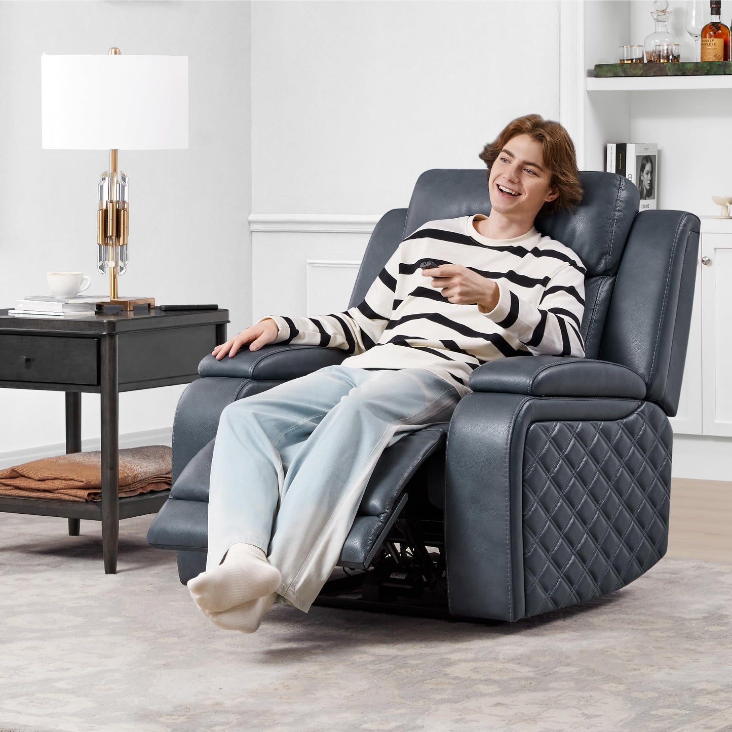 Watson & Whitely Genuine Leather Power Recliner Chairs for Adults, Zero Gravity Recliner with Power Headrest & Hidden Storage, RV Electric Reclining Sofa Chair for Living Room, Home Office, Navy