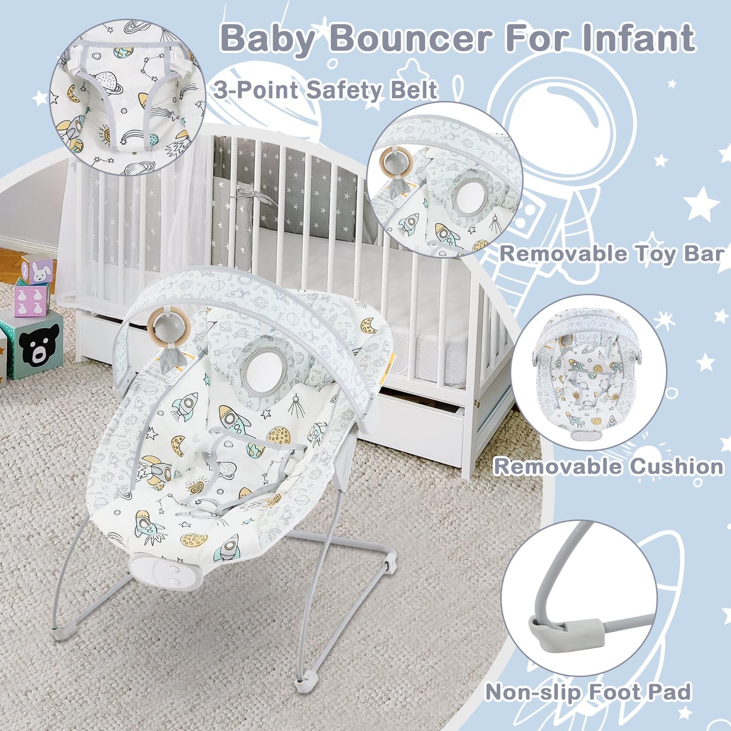 Otrolepota Baby Bouncer, Infants Bouncy Seat with Music and Vibrations,Portable Baby Rocker for Newborns Indoor Outdoor Use 0-6 Months Up to 20 lbs