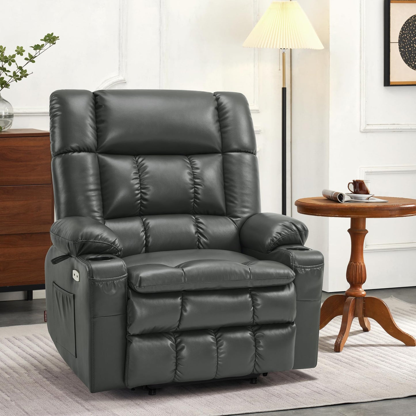 MCombo Dual Motor Power Lift Recliner Chair for Elderly, Lay Flat Lift Chair with Heat and Massage, Oversized Lift Recliner for Big and Tall, Faux Leather R7891 (Grey, Oversized)