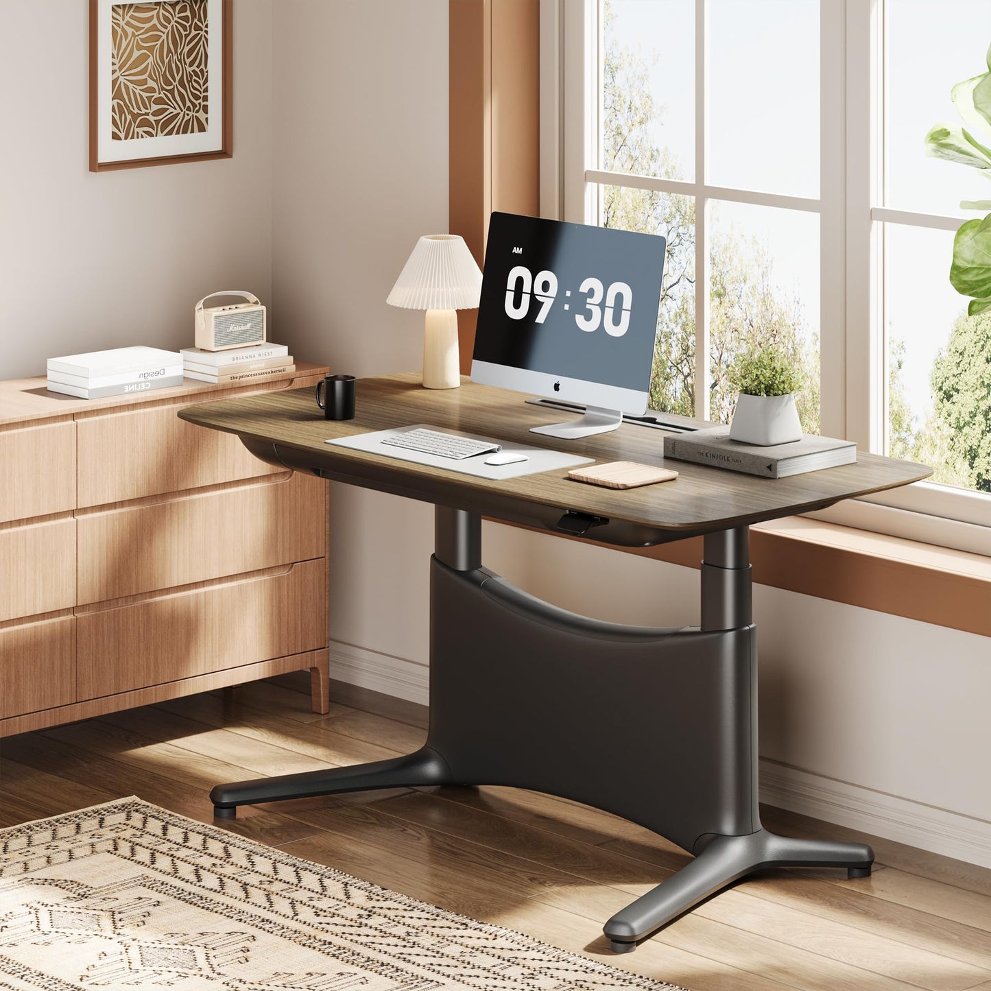 COLAMY Electric Standing Desk, Whole-Piece Gaming Desk with Dual Motors, Ergonomic Footrest, Drawers for Storage, Adjustable Height Sit-Stand Desk for Home Office (Veneer Desktop, Walnut + Black)