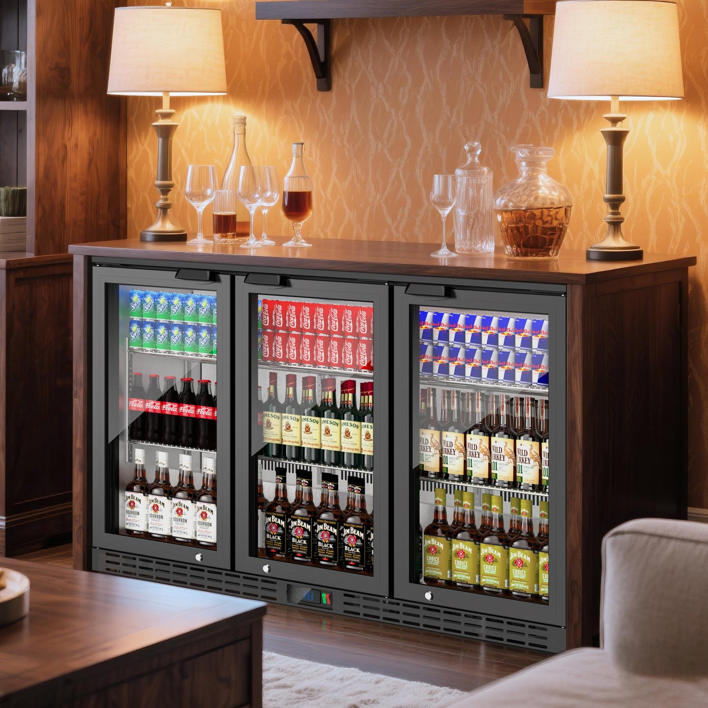 Coolake 53" Back Bar Cooler with 3 Glass Doors, 11.7 cu.ft Commercial Under Counter Height Beverage Refrigerator, Stainless Steel Beer Fridge with LED Lighting for Soda Drinks, Beer, Wine