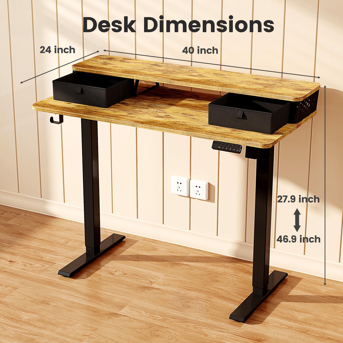 YOLEZO Small Standing Desk with Two Drawers, 40" x 24" Electric Sit Stand Desk for Walking Pad, Ergonomic Stand Up Desk for Home Office & Gaming, 3 Memory Height Preset & Hooks(Rustic Brown)