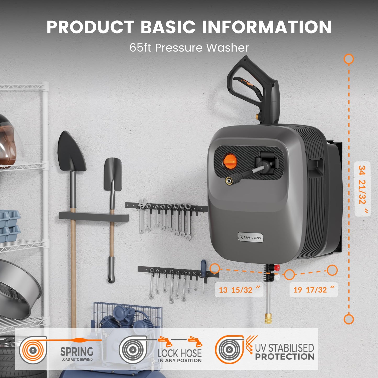 Giraffe Tools Grandfalls Retractable Pressure Washer G20, 2500 PSI 2.2 GPM, 180° Wall Mounted Power Washer, Auto-Retract with 65FT Hose Reel, 5 Nozzles for Floor/Cars/Fences/Patios, Dark Silver