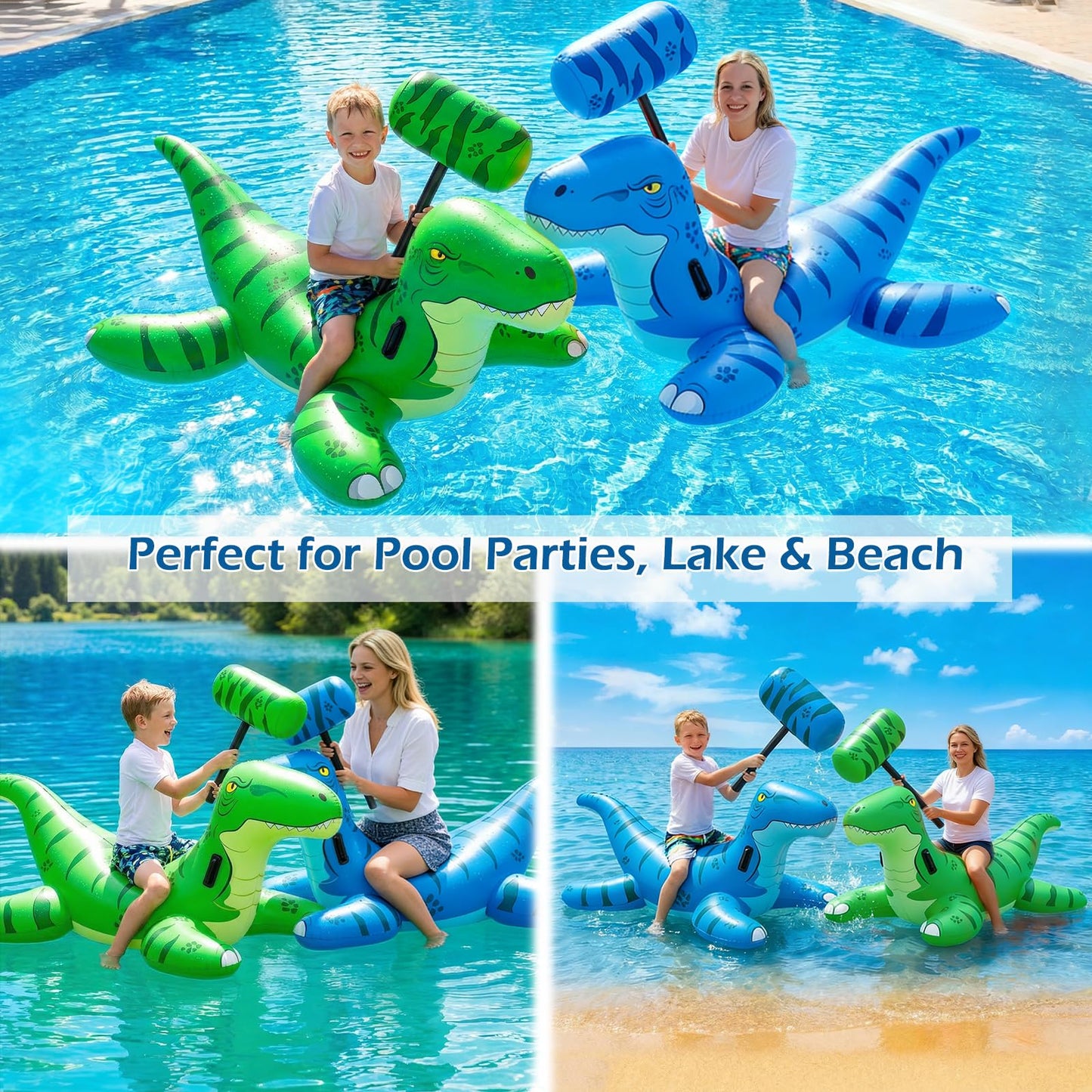 Jasonwell Pool Games Toys Floats -2Pack Inflatable Dinosaur Pool Floats with Blow Up Toy Hammers Ride on Pool Floaties for Kids Teens Adults Lounge Raft Summer Lake Beach Party Decorations (GN&BU XL)