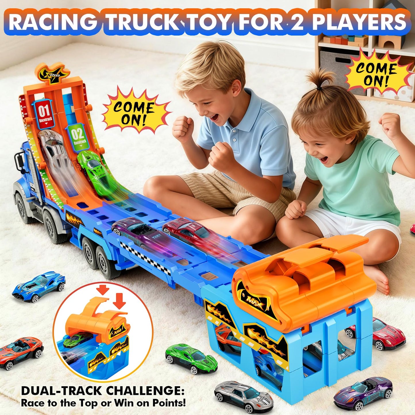 Kids Toys for 3 4 5 6 7 8 Years Old Boys, Carrier Truck Transport Car with Lights Sounds, Christmas Birthday Gift for Toddler, Foldable Layer Car Race Track Playset with Race Track, 6 Metal Toy Cars