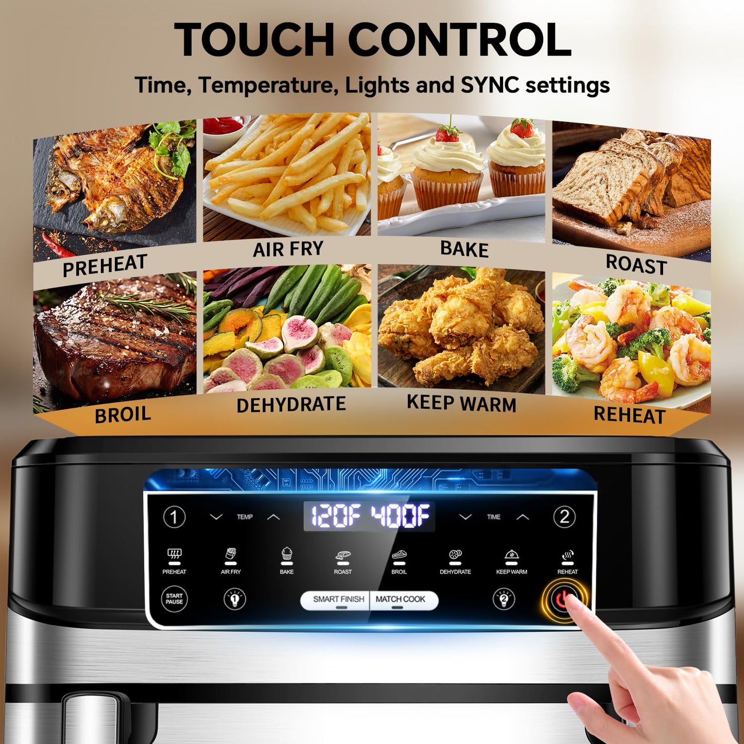 Emphsism 1600W Dual Zone Air Fryer Oven,12.69QT with Divider,Nonstick & Dishwasher-Safe Basket,Match Cook & Smart Finish to Roast,Recipes for Easy Cooking,Digital Touchscreen,Metal Sliver