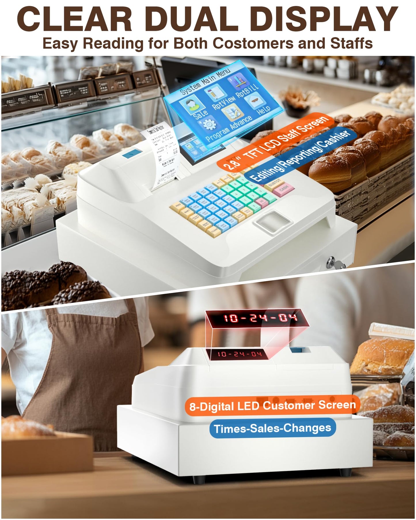 PYY Cash Register for Small Businesses - Commercial Electronic Caja Registradora para Negocio with Lock Cash Drawer Box, 8 Digital Dual Display, 48 Keys, System for Restaurant Supermarket White