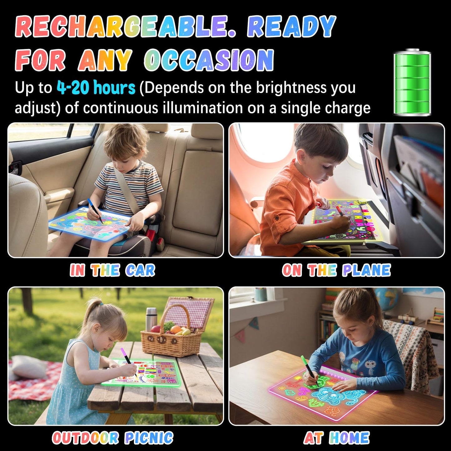 16" Led Drawing Board for Kids Rechargeable, Portable Doodle Glow LED Note Board with 7 Colors, Light Up Acrylic Dry Erase Lumi Board with Stand, Easter Gifts Teen Boys & Birthday Gifts(White)