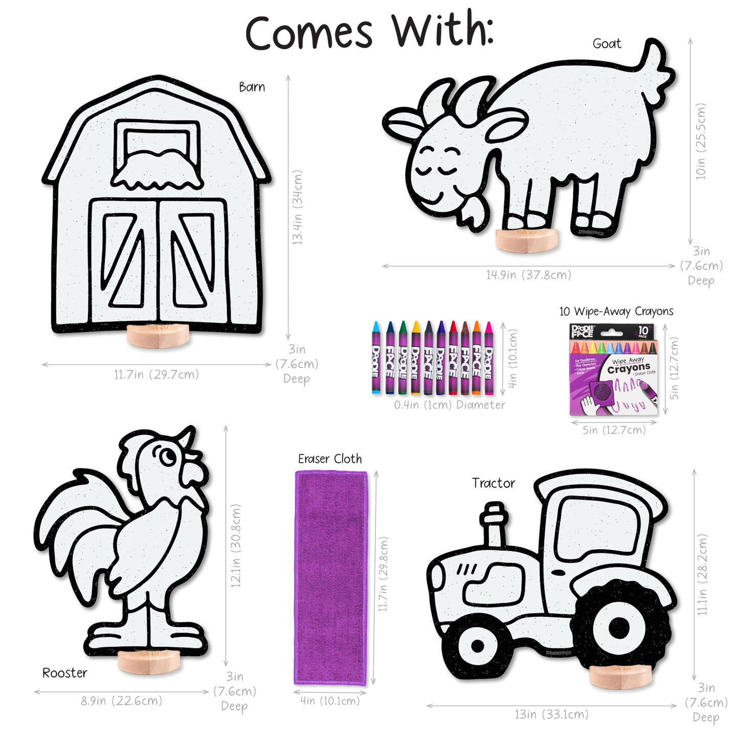 DoodleFace Farm Companion Toy Set for Kids: Color, Play, Wipe Away with Crayons and Eraser. Educational Reusable Coloring Toy with Barn, Goat, Rooster, Tractor.