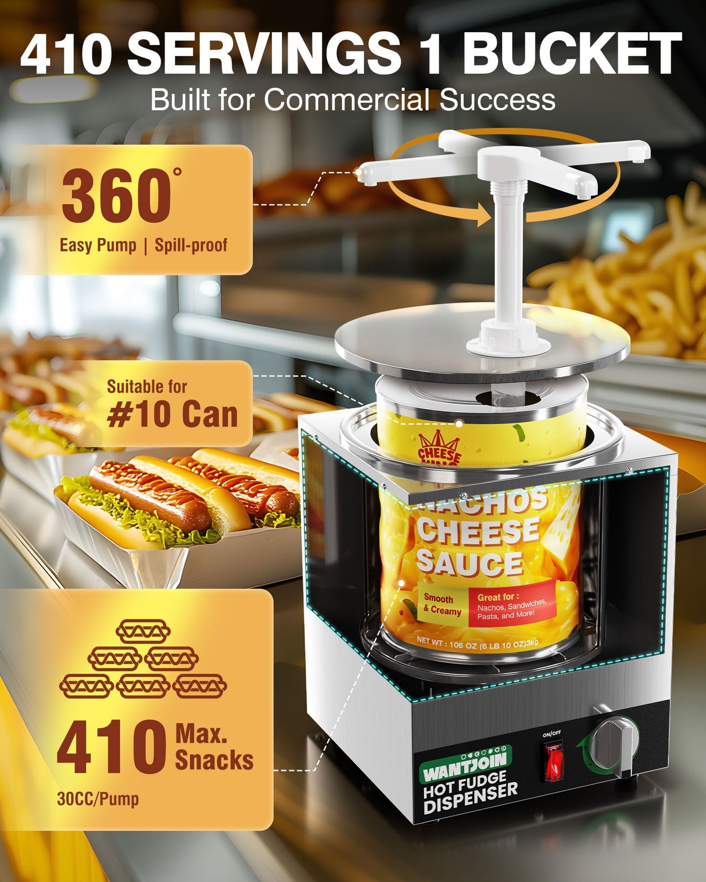 WantJoin 4.6Qt Nacho Cheese Dispenser with Pump - Nacho Cheese Warmer,Stainless Steel Hot Fudge Warmer W/5-Level Temperature Adjustment,Commercial Hot Fudge Dispenser for Caramel